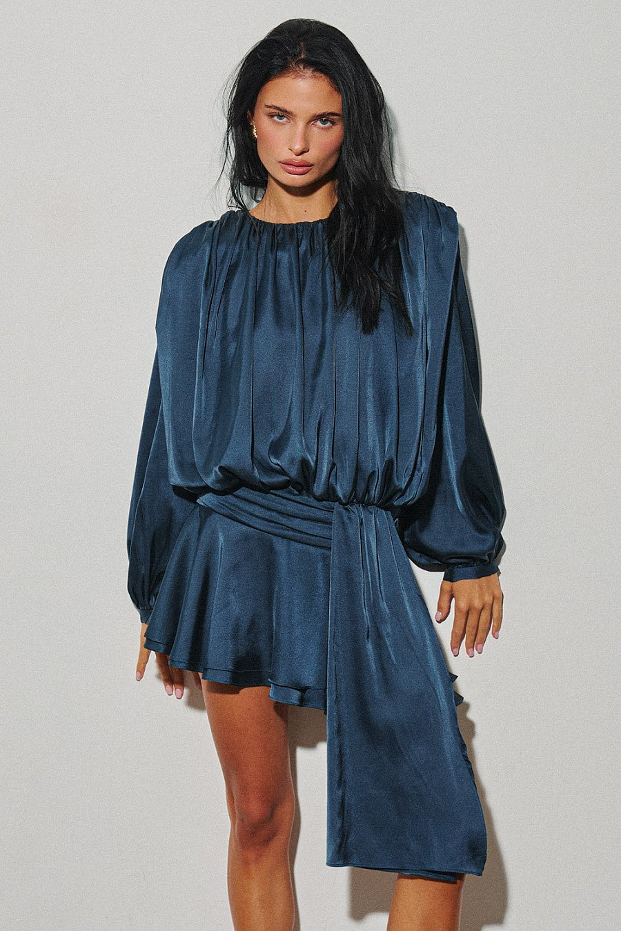 Midnight Shirred Neckline Long Sleeve Mini Dress