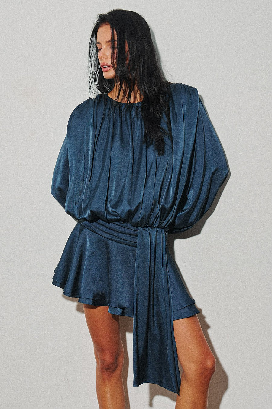 Midnight Shirred Neckline Long Sleeve Mini Dress