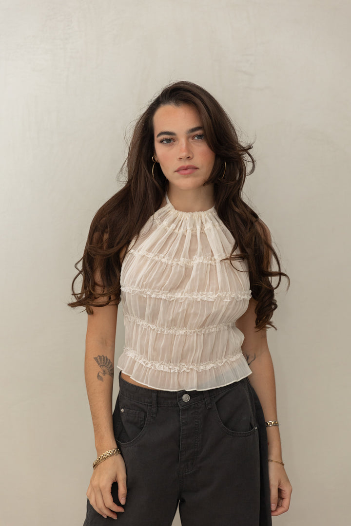 ISSUE 92 white sheer ruffled halter neck boho chic top with a cropped fit.