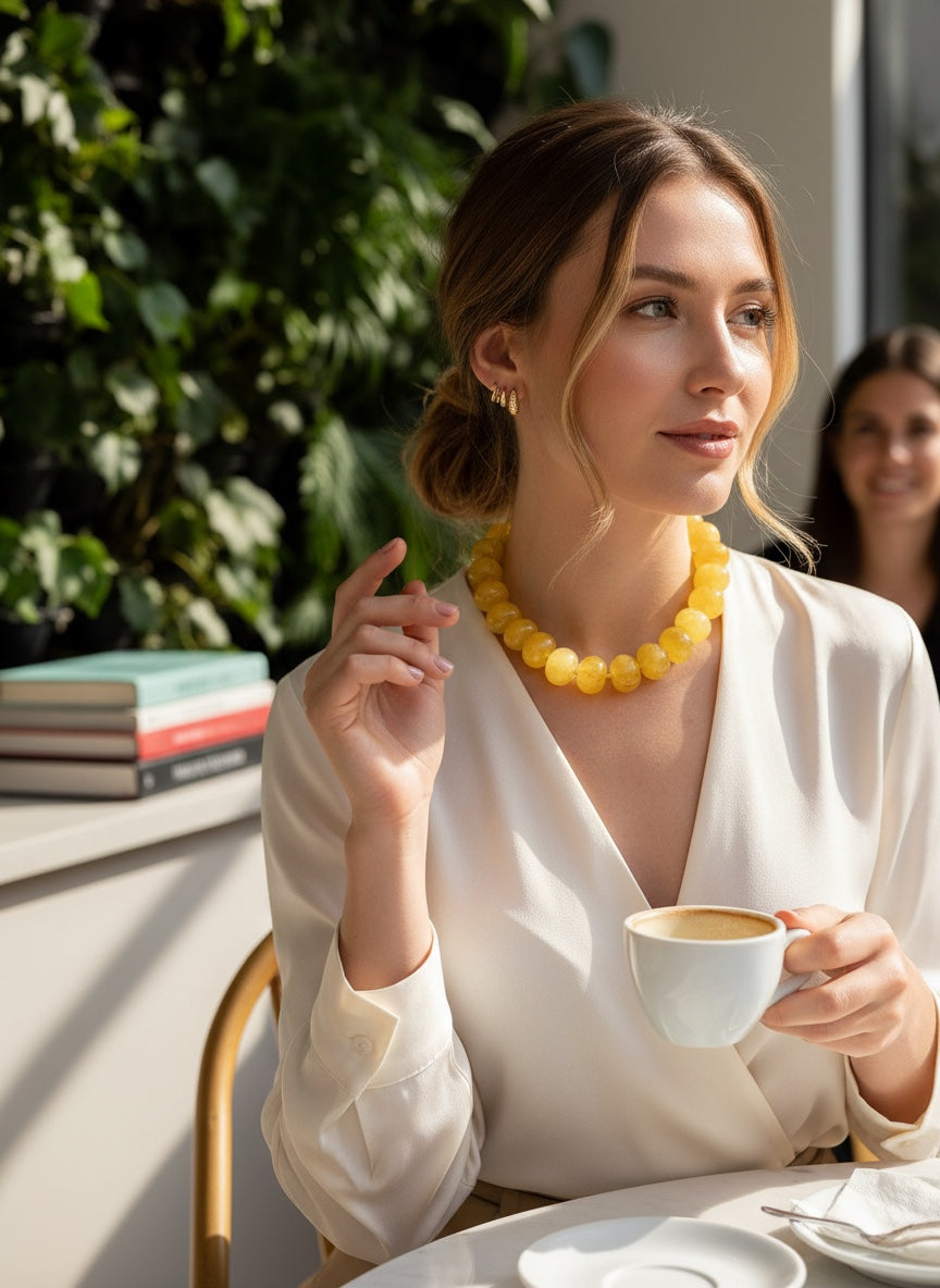 ISSUE 92 chunky yellow acrylic bead necklace with black accent beads and gold hoop earrings.