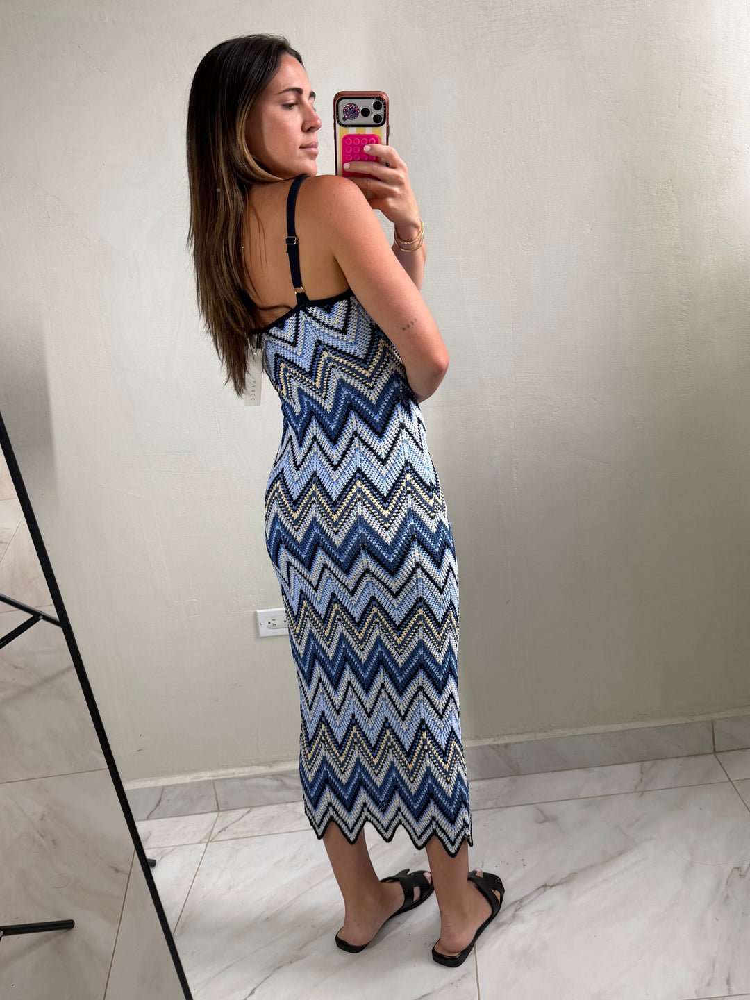 ISSUE 92 Ziggy Dress: blue, white, and beige chevron knit midi dress with adjustable straps and a scalloped hem.