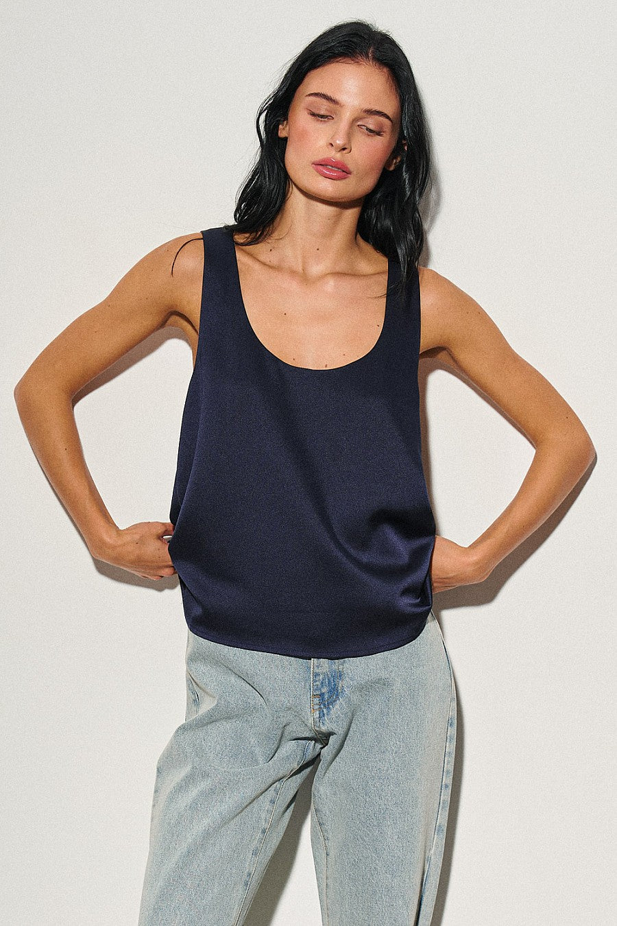 Navy Woven Sleeveless Satin Top