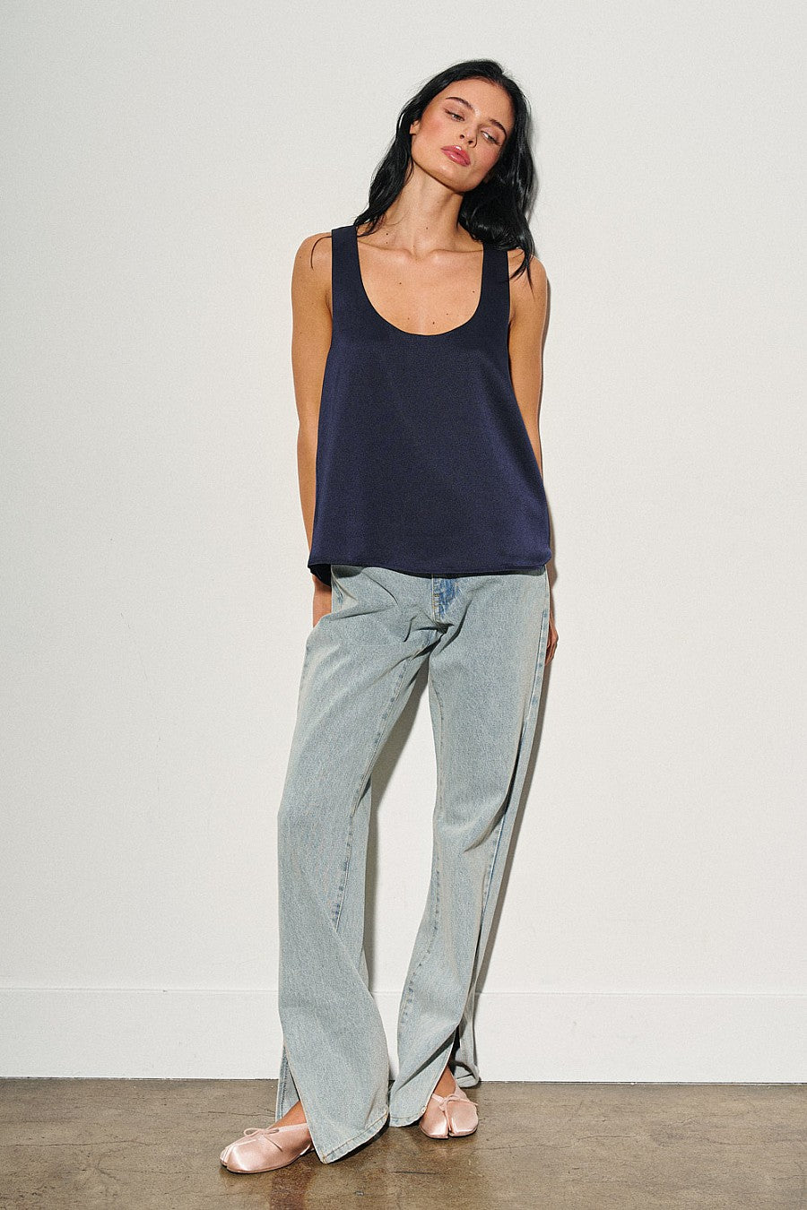 Navy Woven Sleeveless Satin Top
