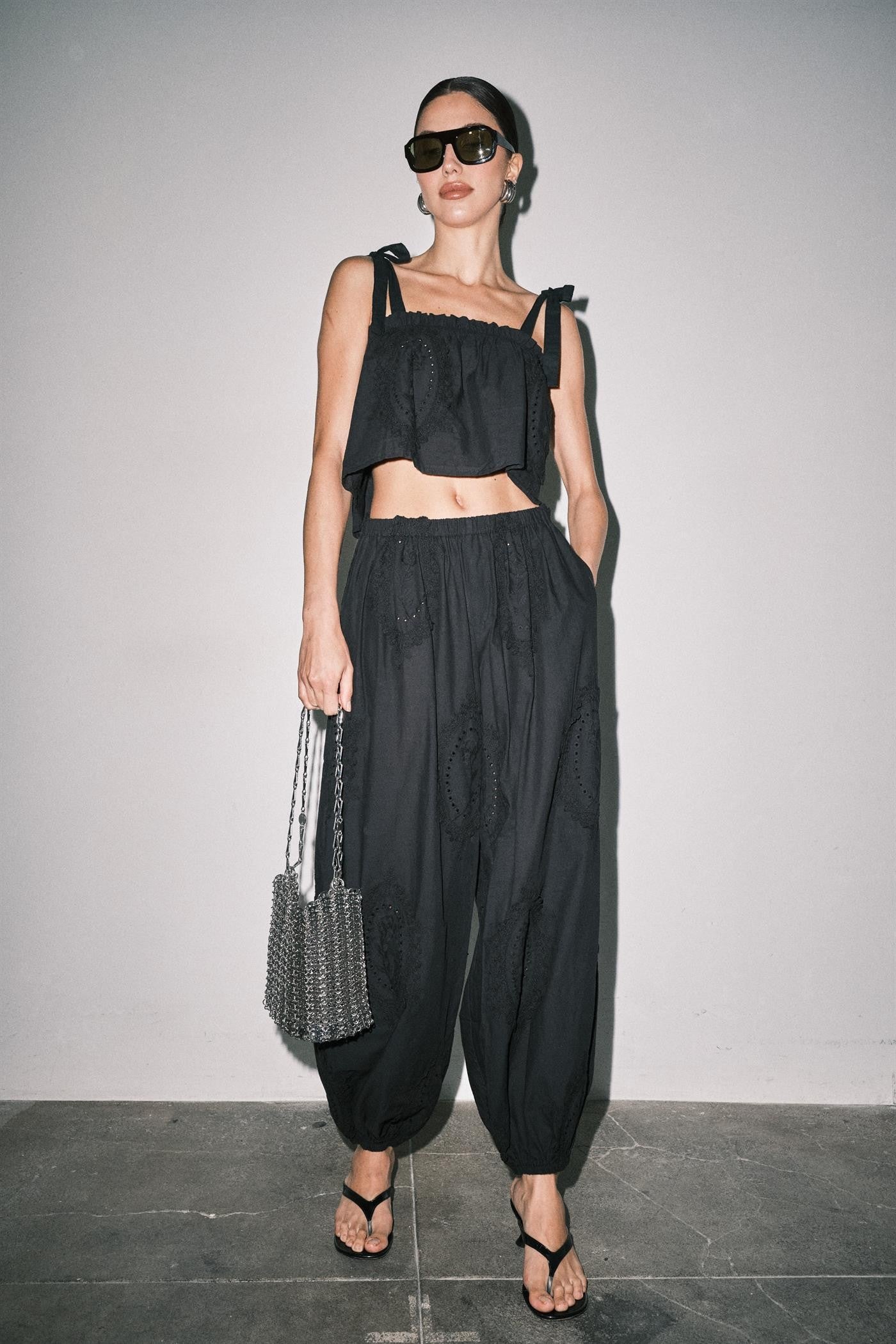Embroidered Balloon Pants — Black
