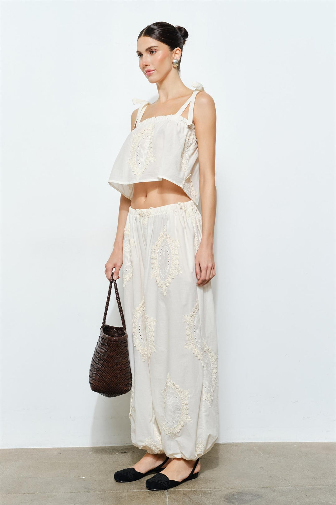 Embroidered Balloon Pants — Natural