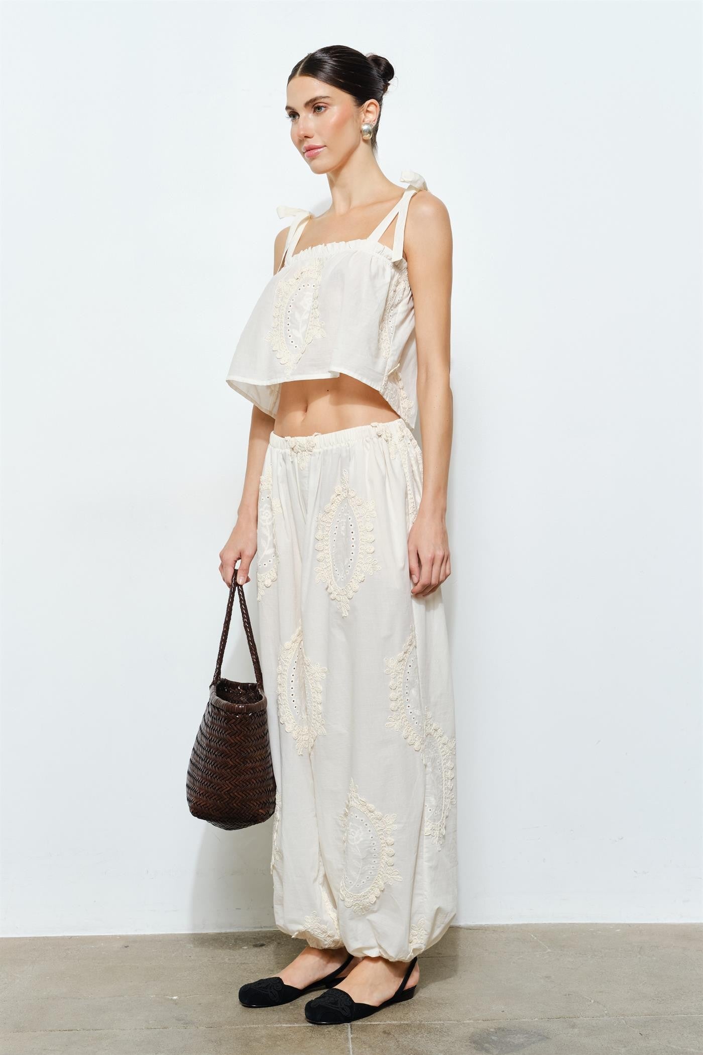 Embroidered Balloon Pants — Natural