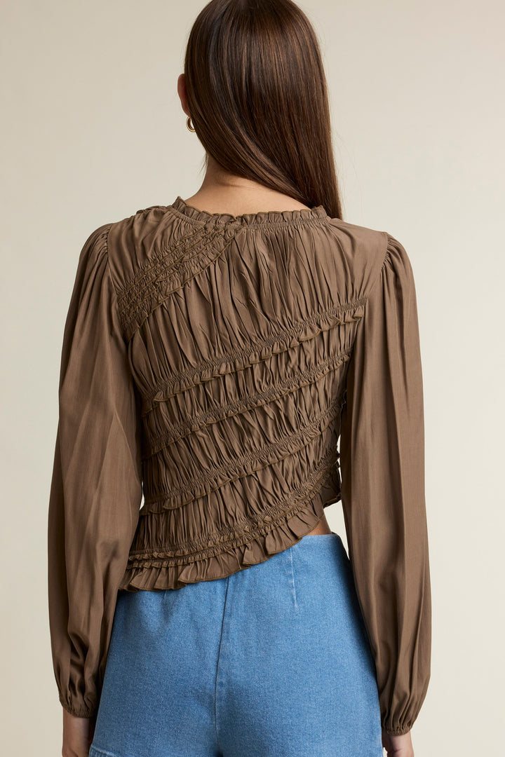 Brown Ruched Ruffle Top — Brown