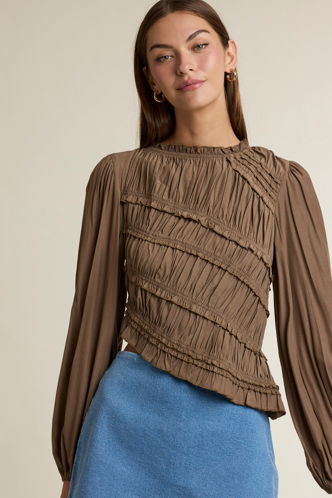 Brown Ruched Ruffle Top — Brown