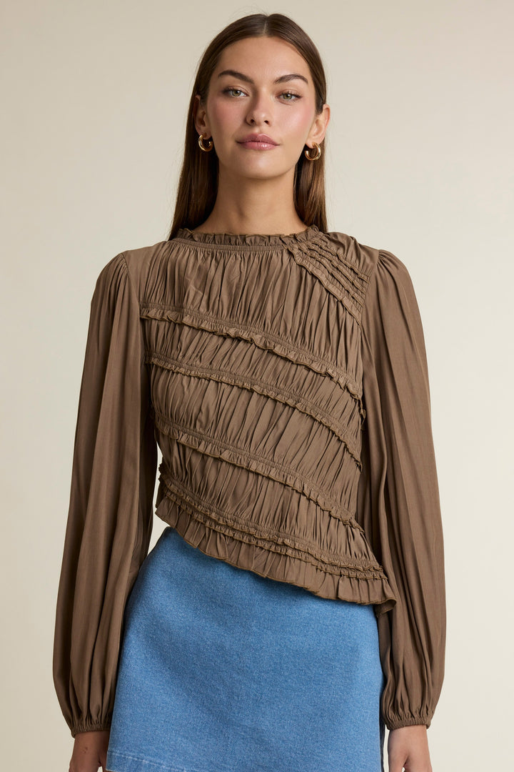 Brown Ruched Ruffle Top — Brown