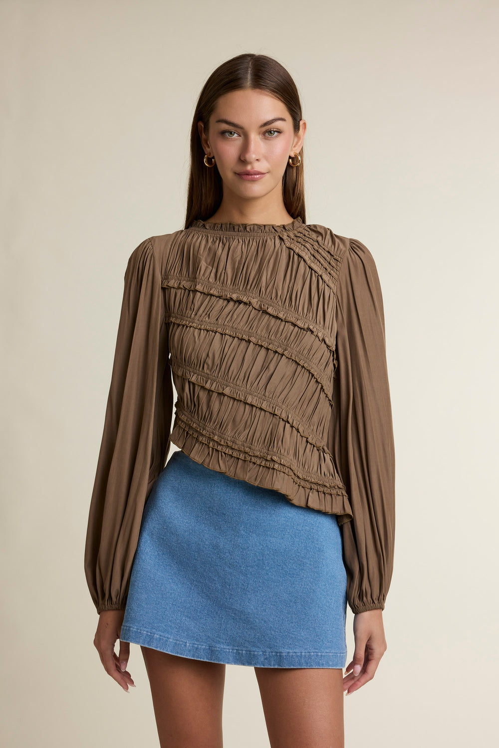 Brown Ruched Ruffle Top — Brown