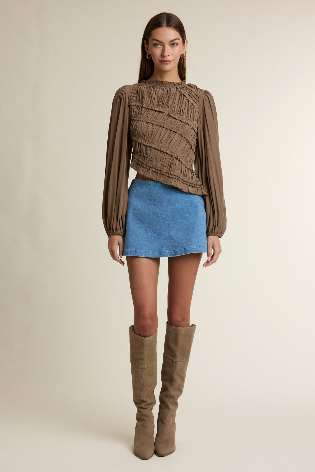 Brown Ruched Ruffle Top — Brown