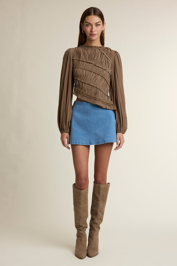 Brown Ruched Ruffle Top — Brown