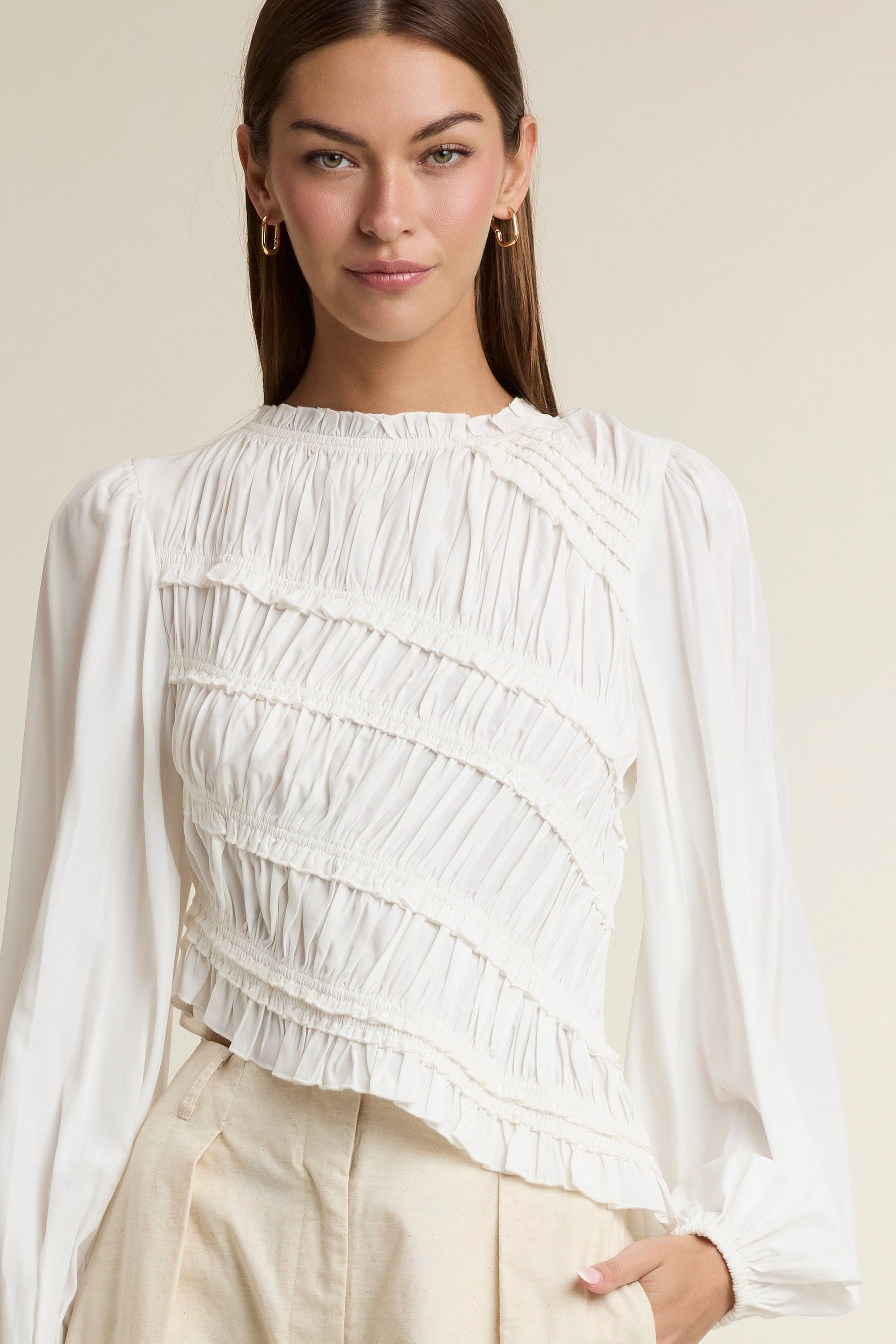 White Ruched Ruffle Top — Off White