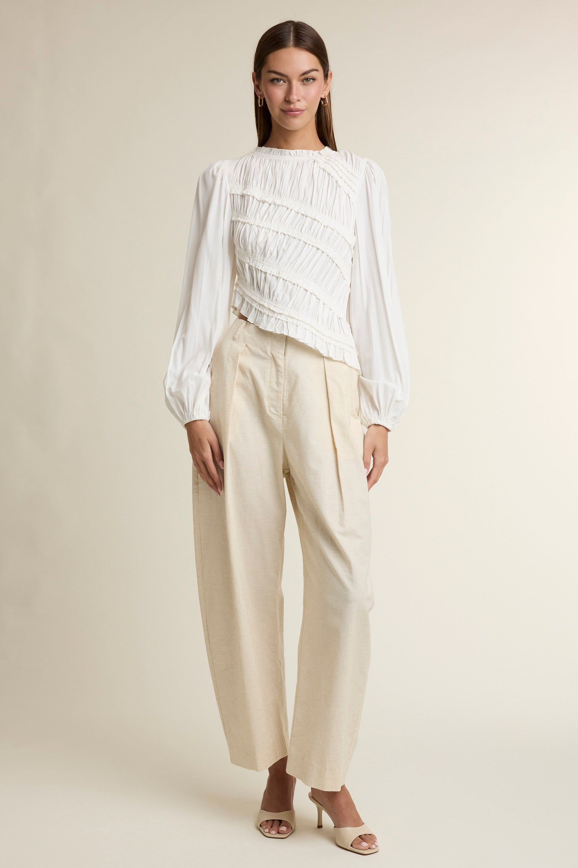 White Ruched Ruffle Top — Off White