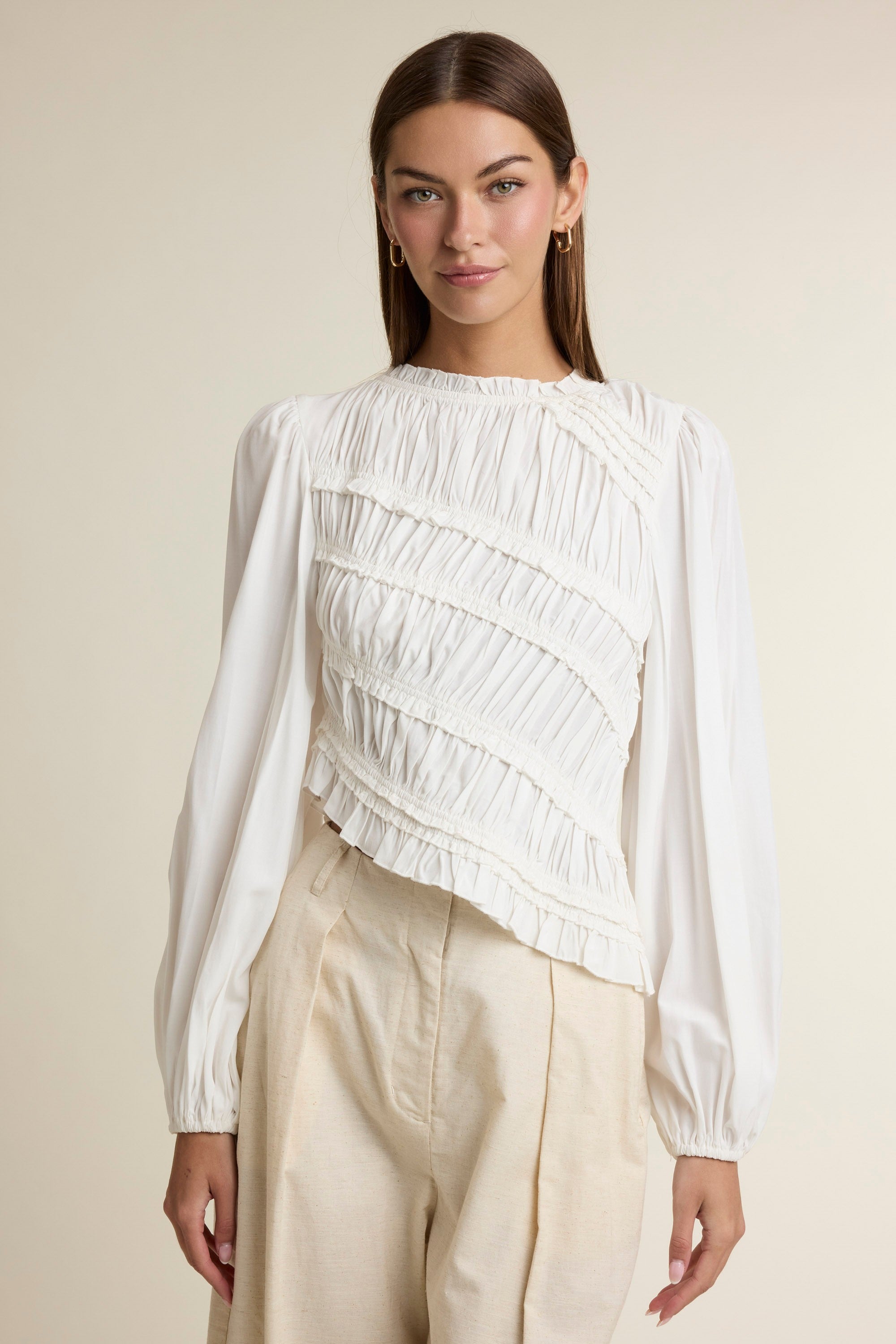 White Ruched Ruffle Top — Off White