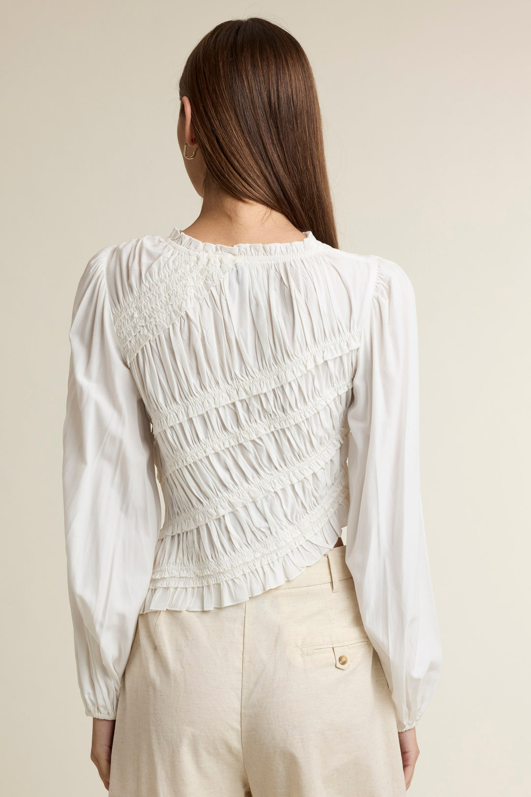 White Ruched Ruffle Top — Off White