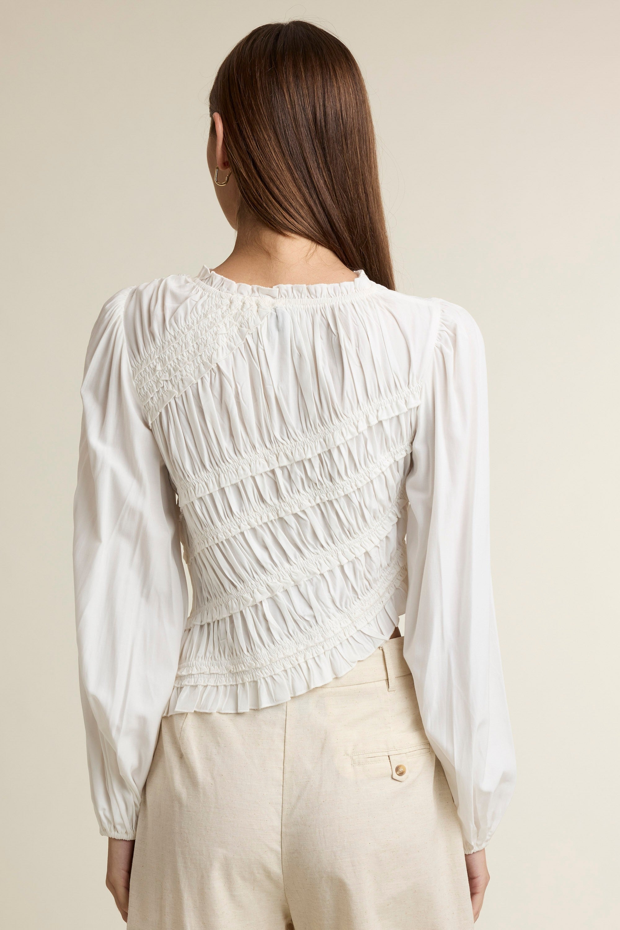 White Ruched Ruffle Top — Off White