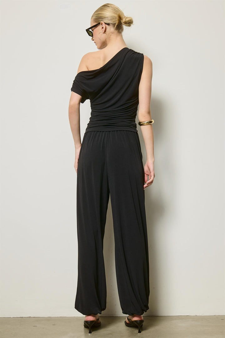 Black One-Shoulder Ruched Two-Piece Set — Black