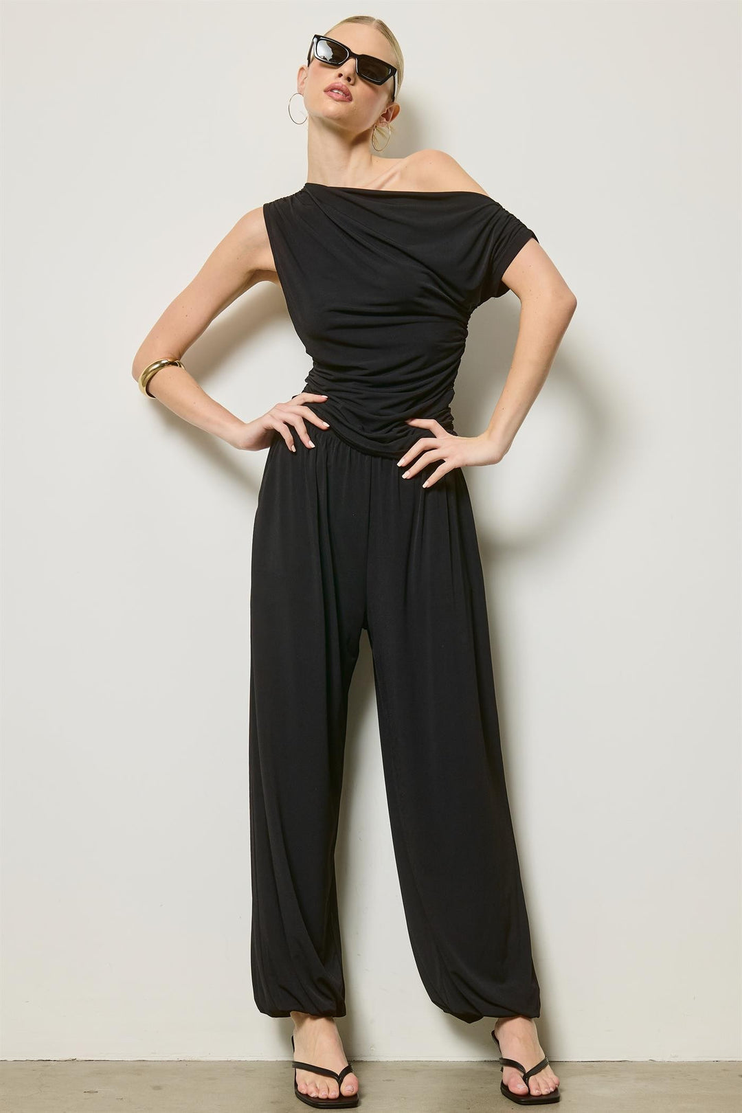 Black One-Shoulder Ruched Two-Piece Set — Black