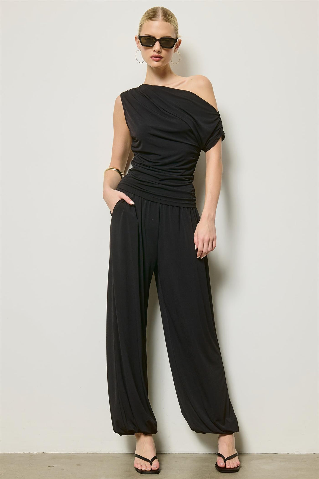 Black One-Shoulder Ruched Two-Piece Set — Black