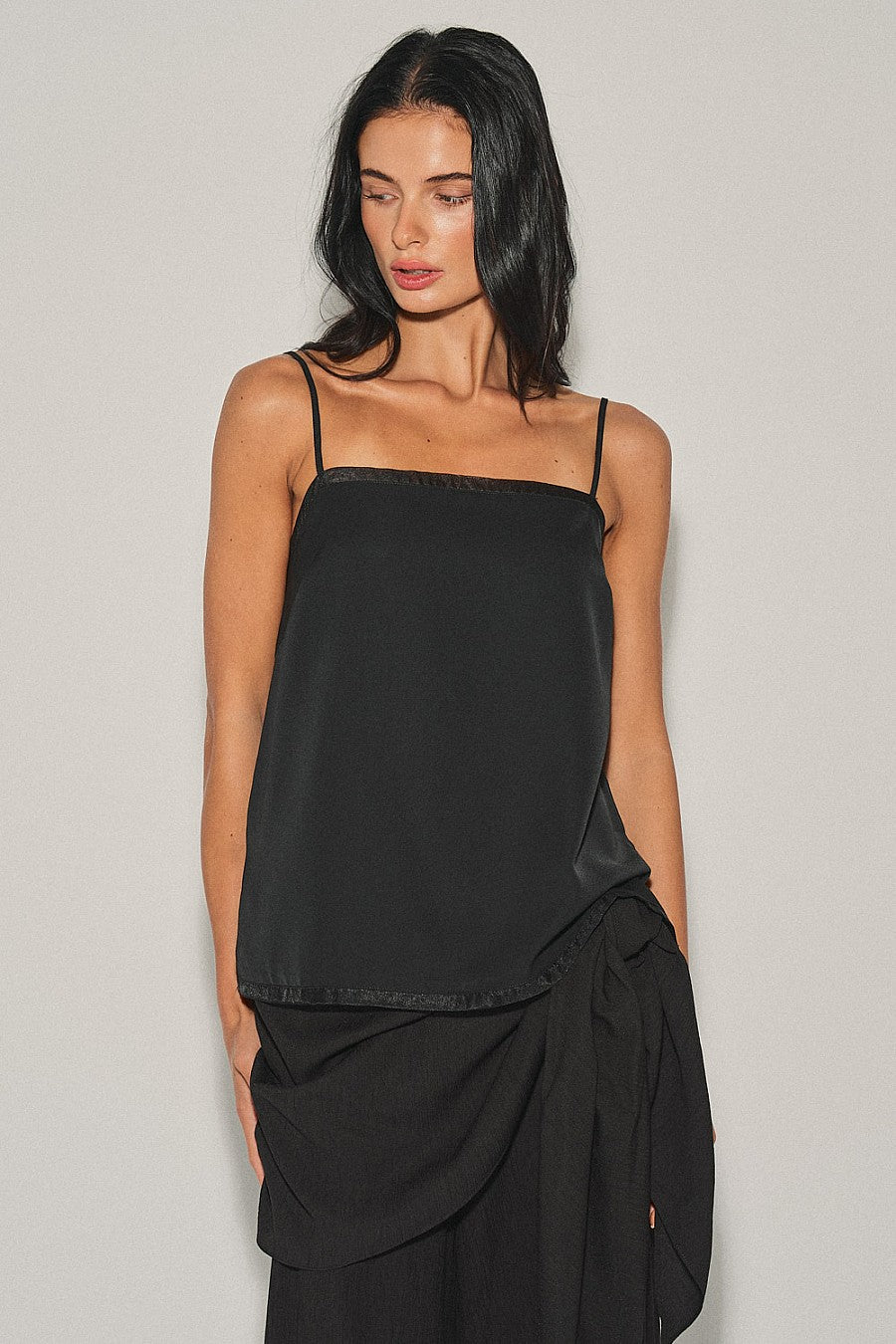 Ecru Organza Trim Satin Camisole — Black