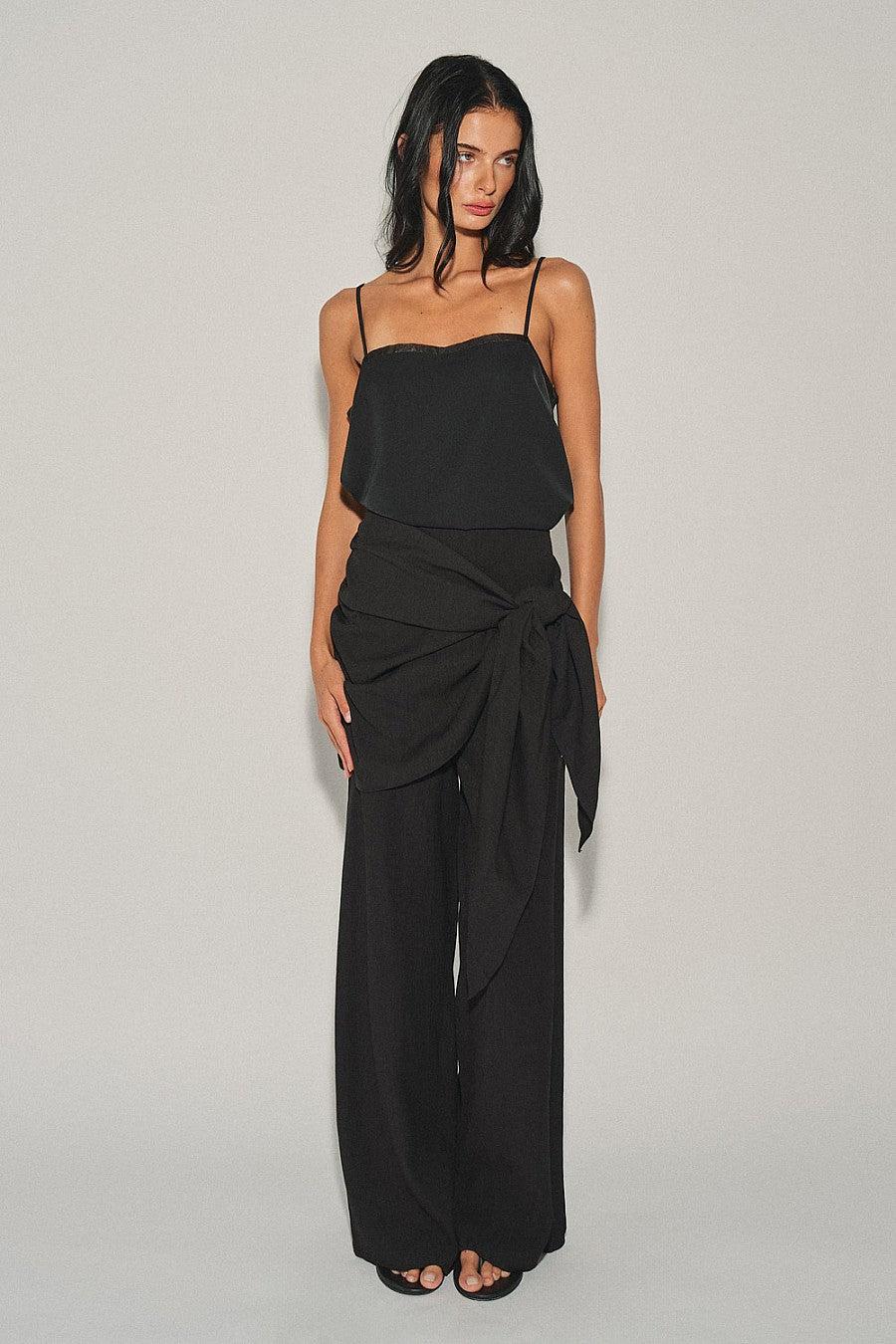 Ecru Organza Trim Satin Camisole — Black