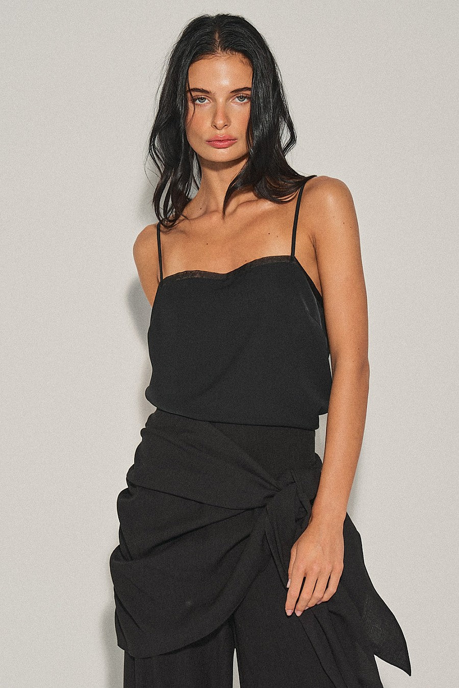 Ecru Organza Trim Satin Camisole — Black