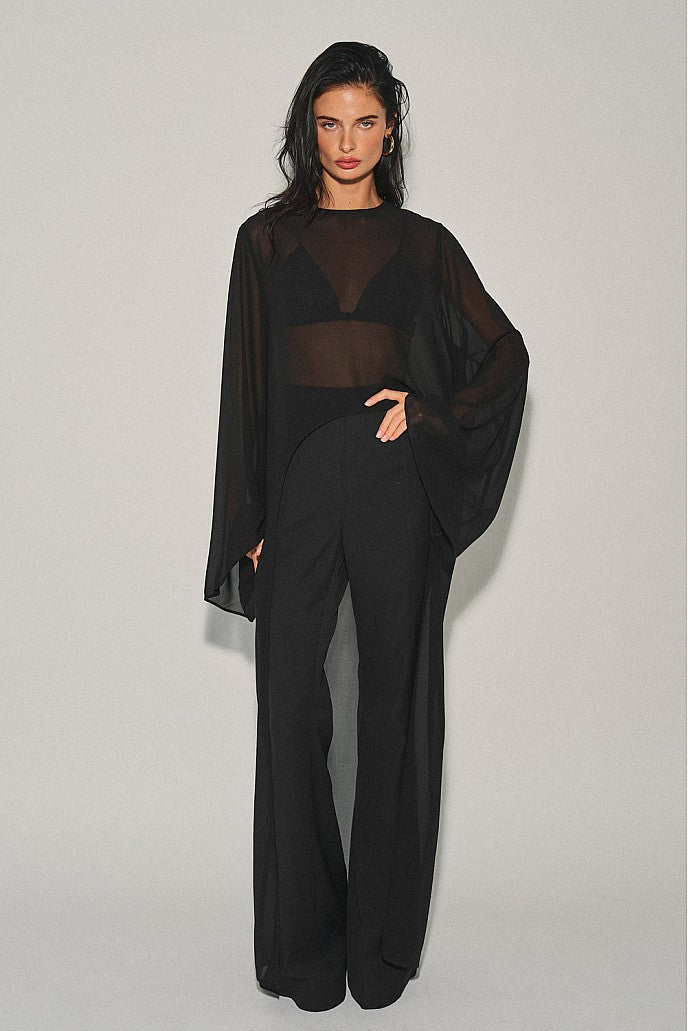 Black High-Low Chiffon Top — Black