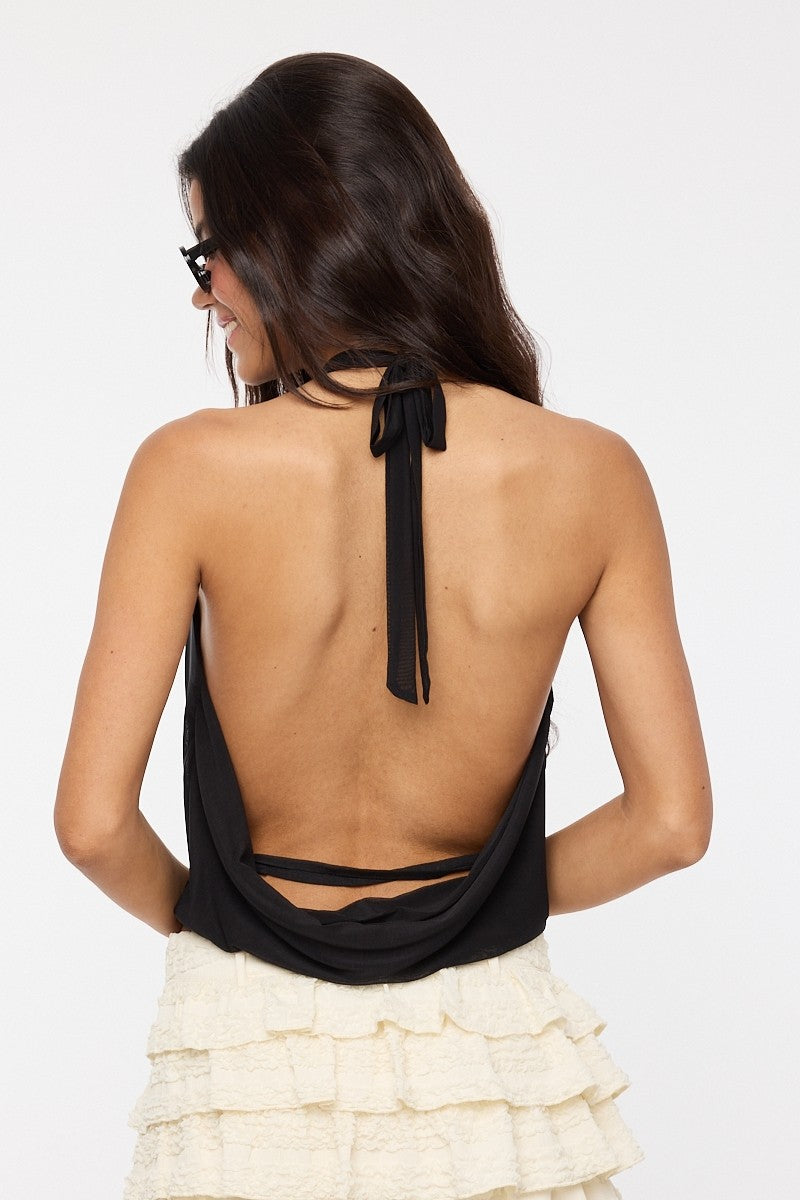 Solid Color Halter Tie V-Neck Back Strap Mesh Top — Black
