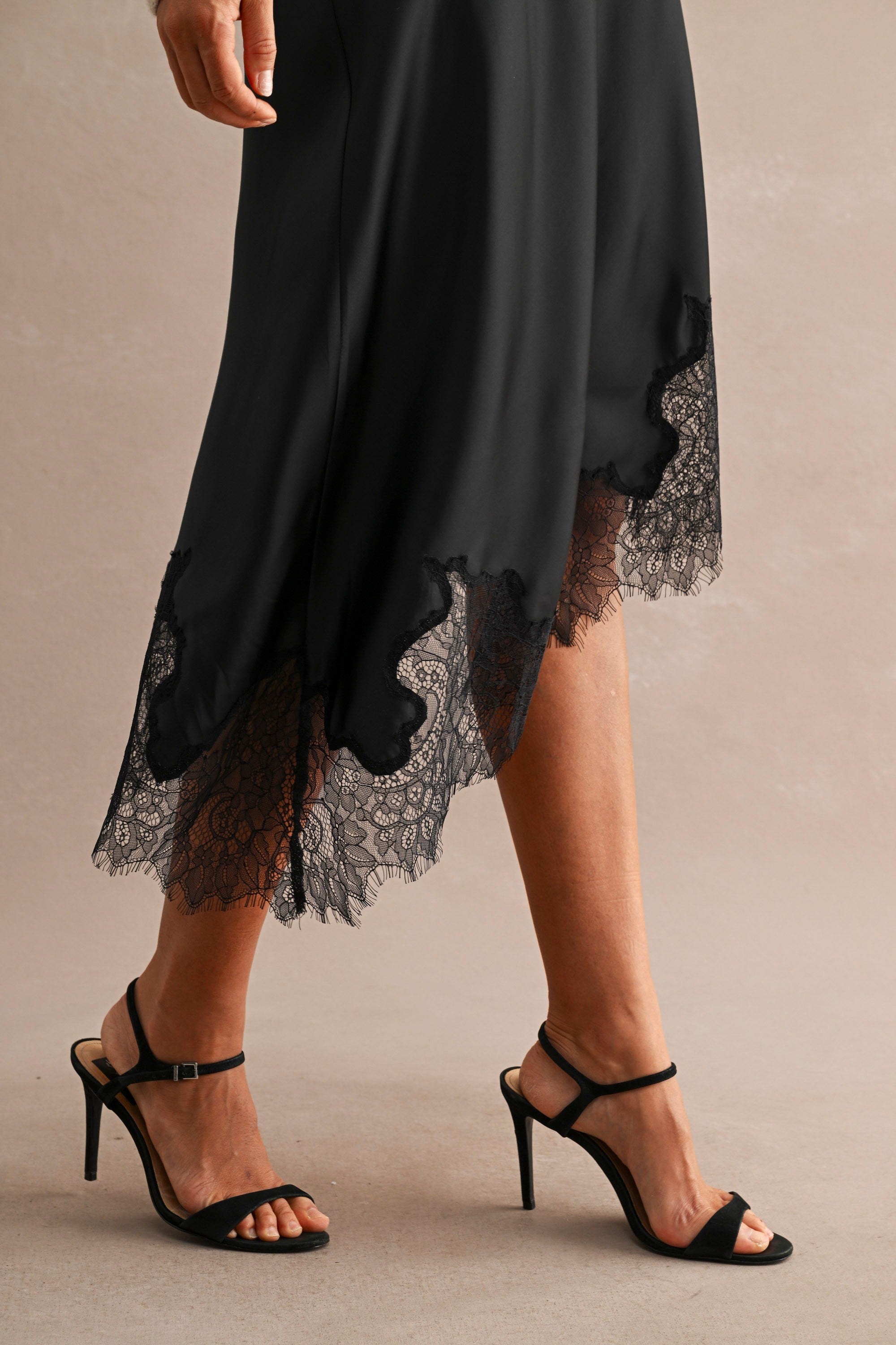 Black Satin Asymmetric Hem Lace Trim Midi Skirt — Black