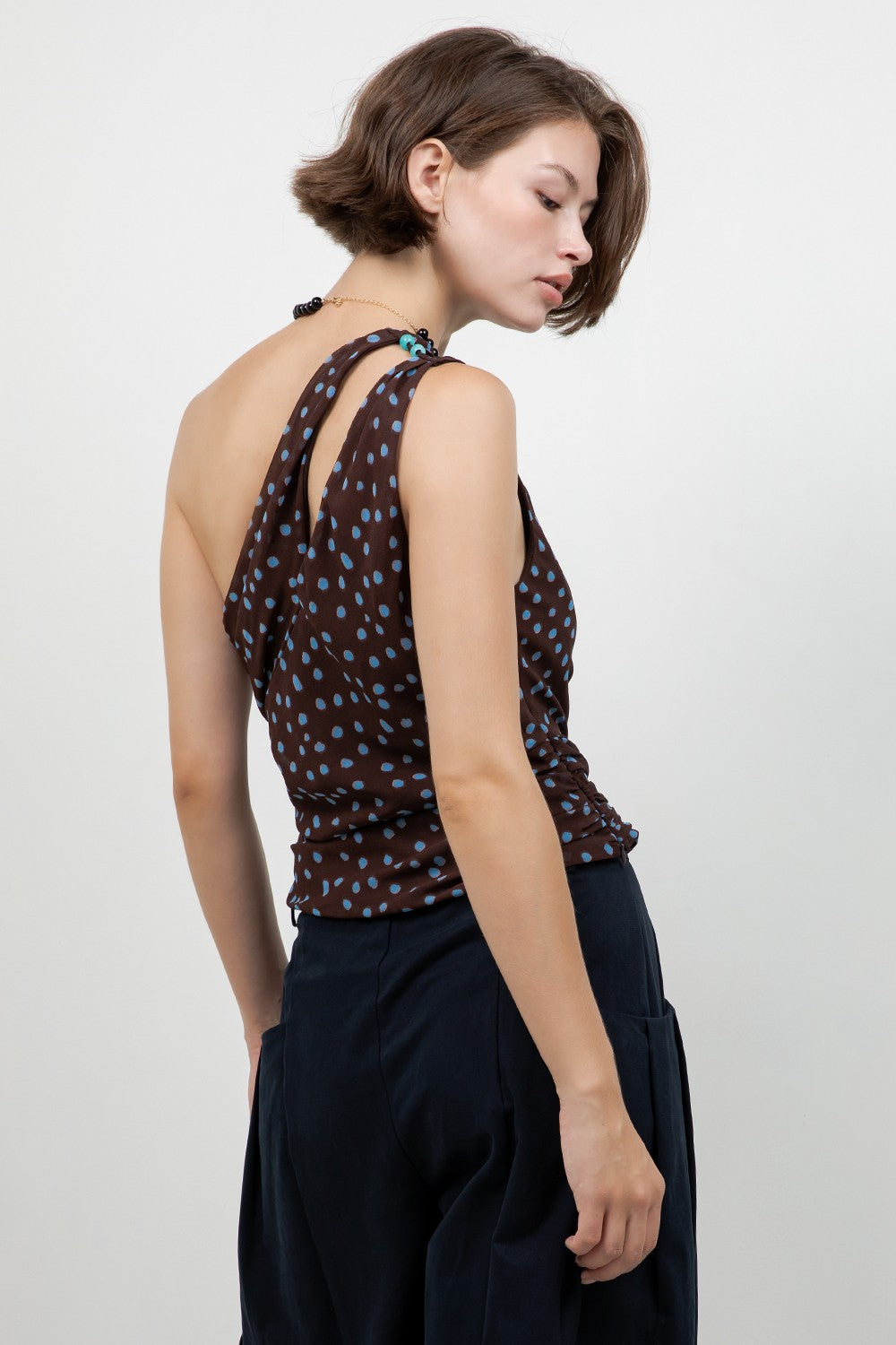 Blue Beads Polka Top — Brown/Blue Dot