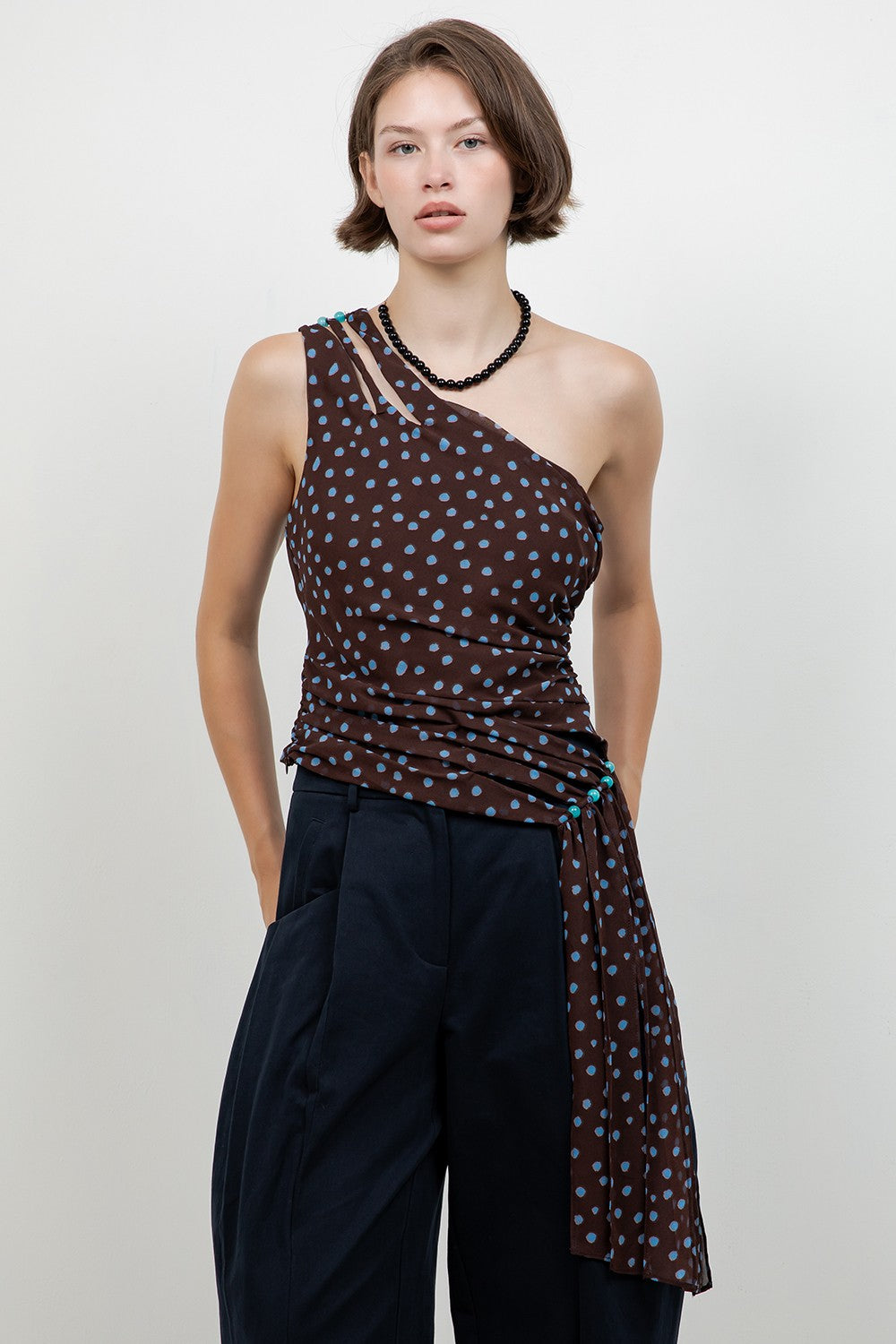 Blue Beads Polka Top — Brown/Blue Dot