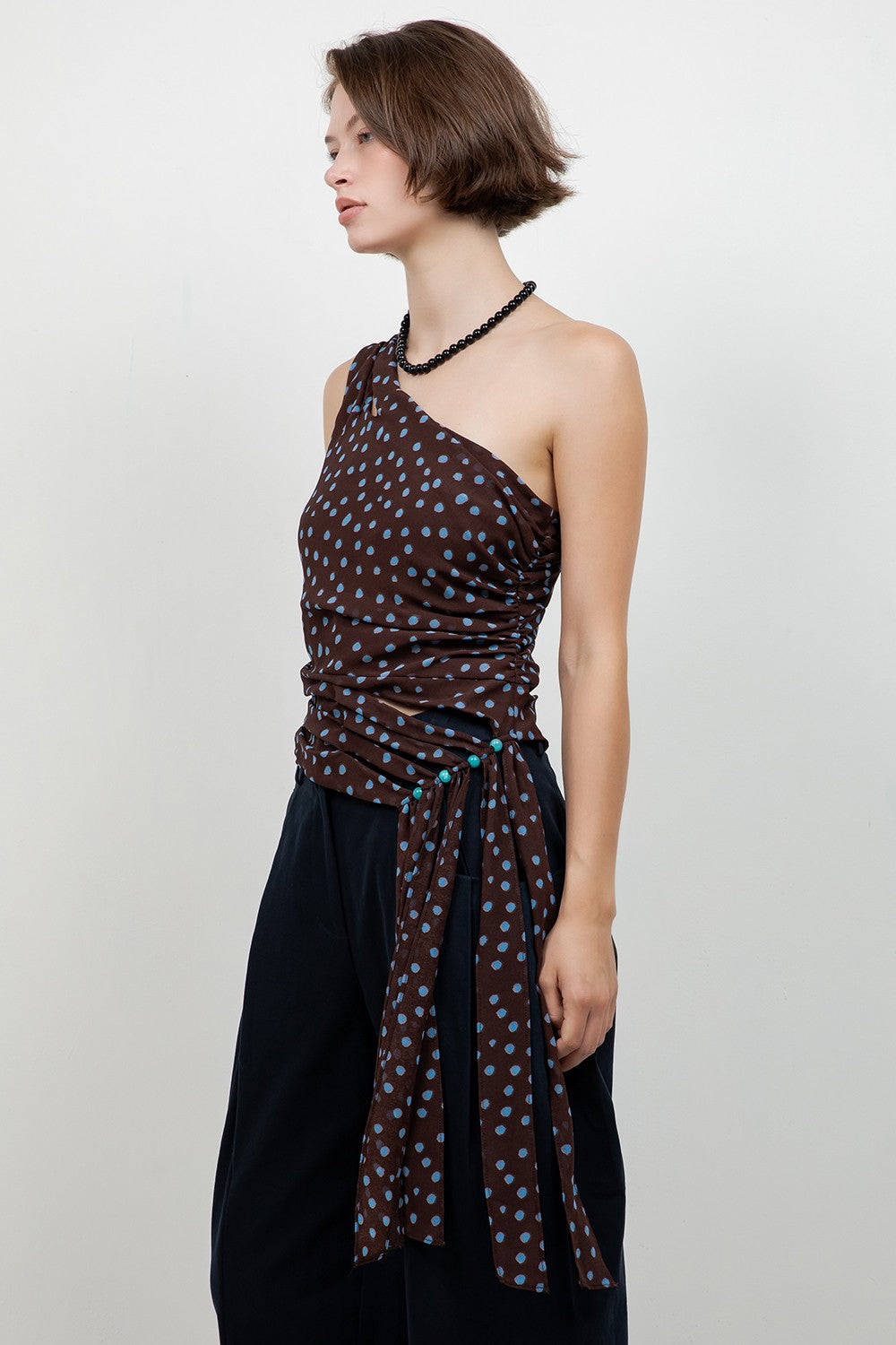 Blue Beads Polka Top — Brown/Blue Dot
