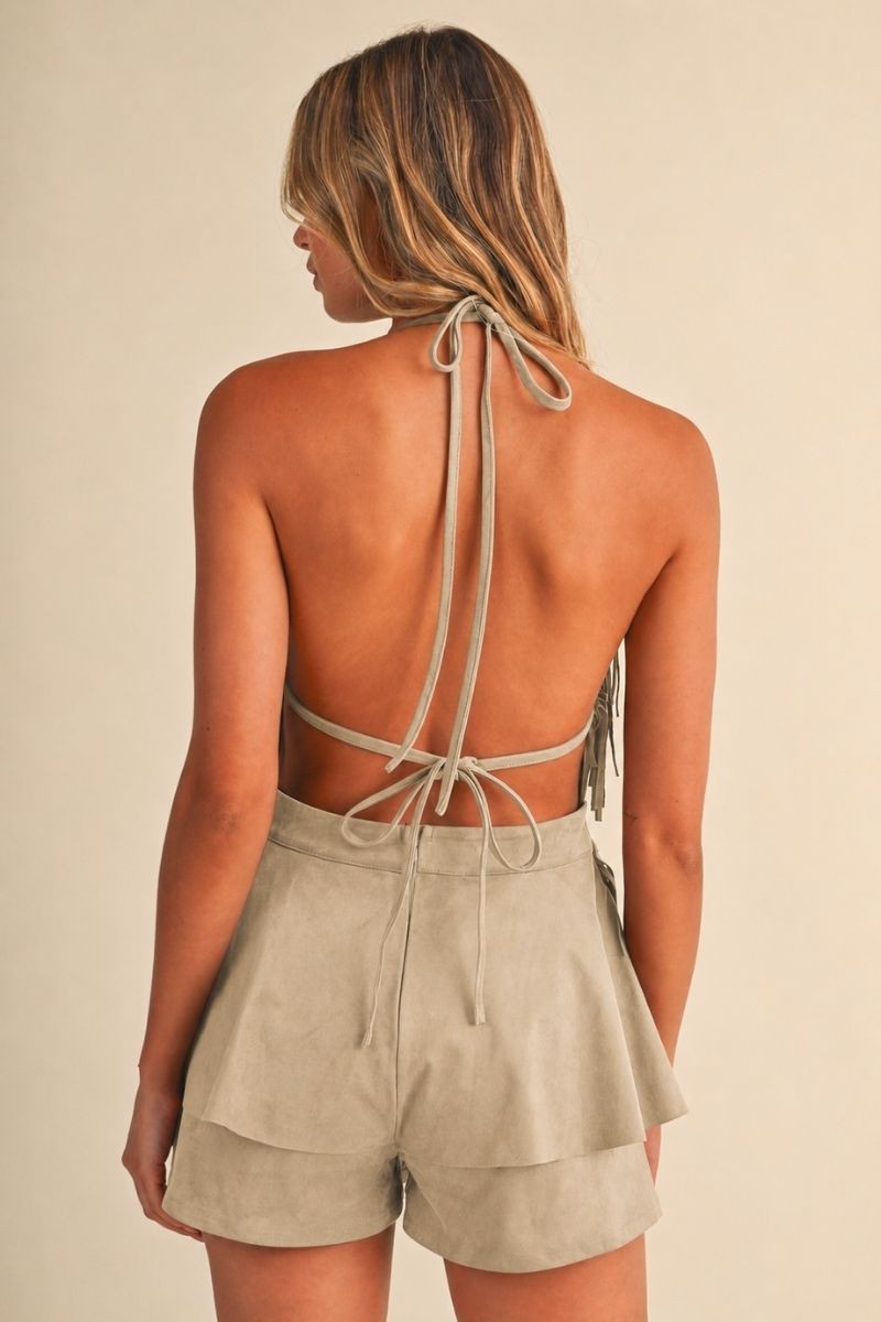 Fringe Detail Vegan Suede Cowl Halter Neck Ruffled Pants Romper — Sand — Sand