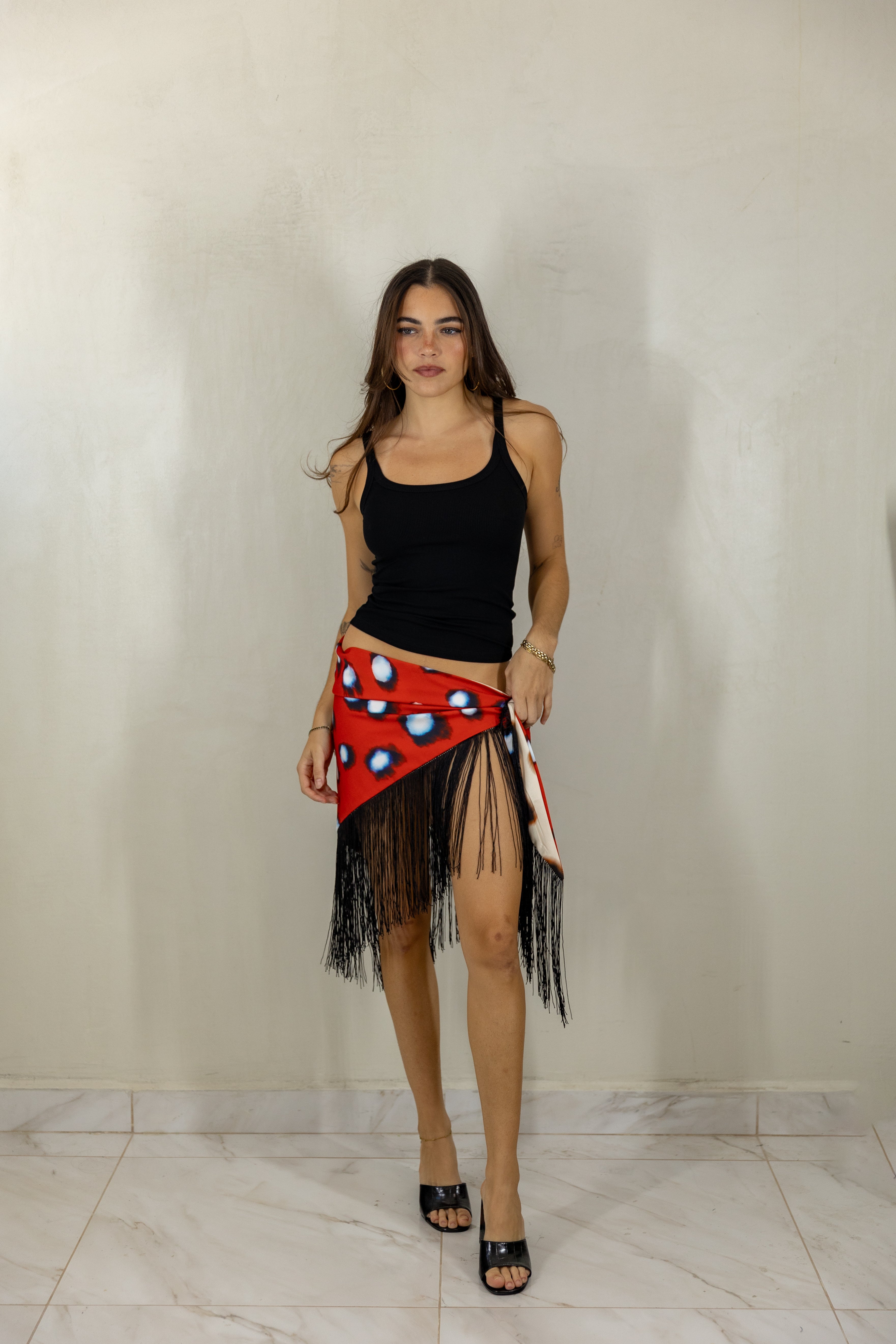 Polka Dot Fringe Skirt — Black/Red