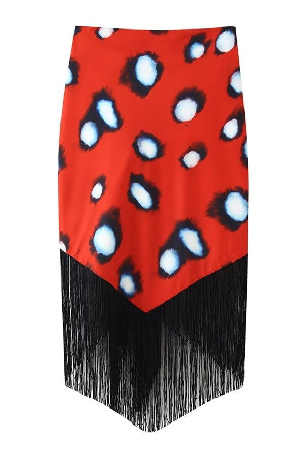 Polka Dot Fringe Skirt — Black/Red