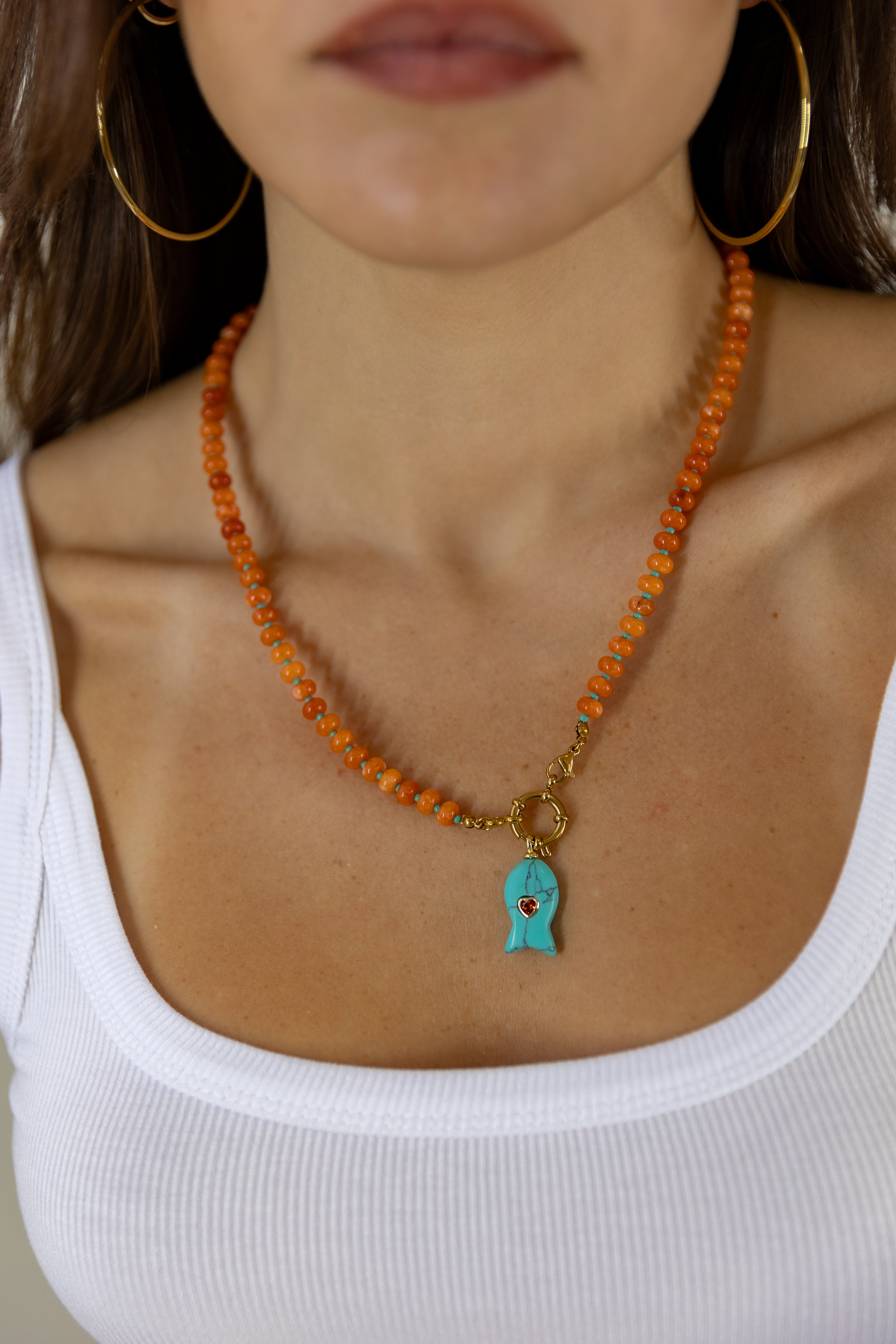 Fish Stone Pendant Necklace — Orange