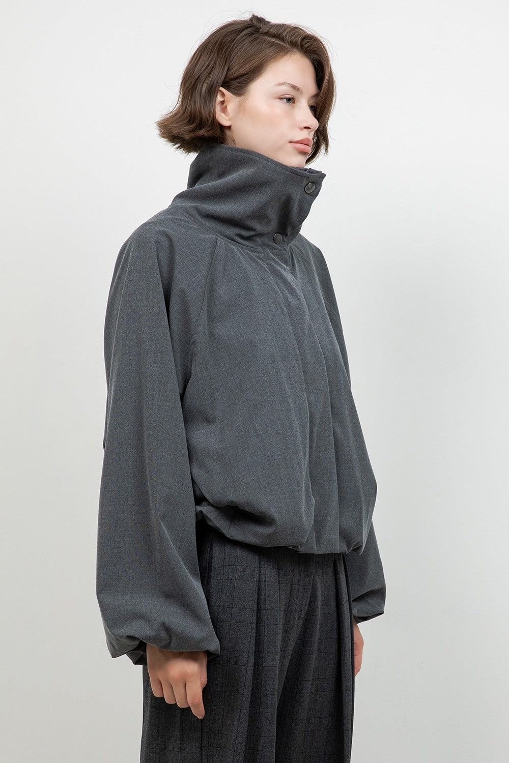 Soft Woven Funnel Neck Bomber Jacket — Charcoal