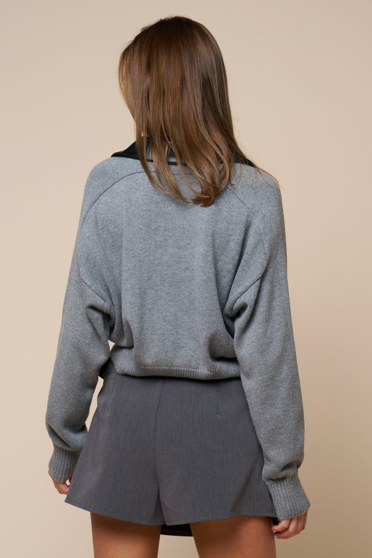 Knit Zip-Up Jacket with Leather Contrast — Ht Grey