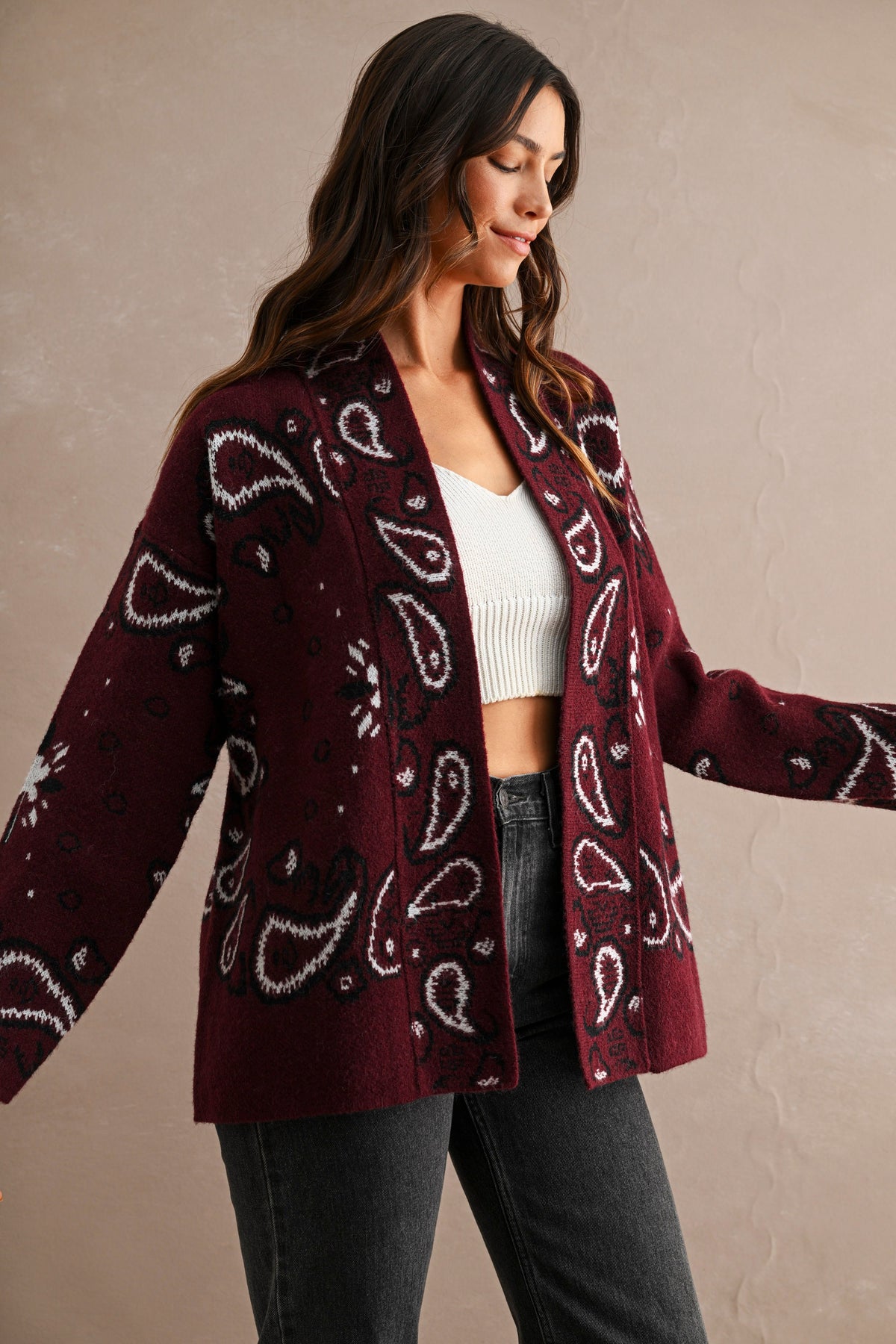 Paisely Pattern Over Sized Cardigan — Burgundy