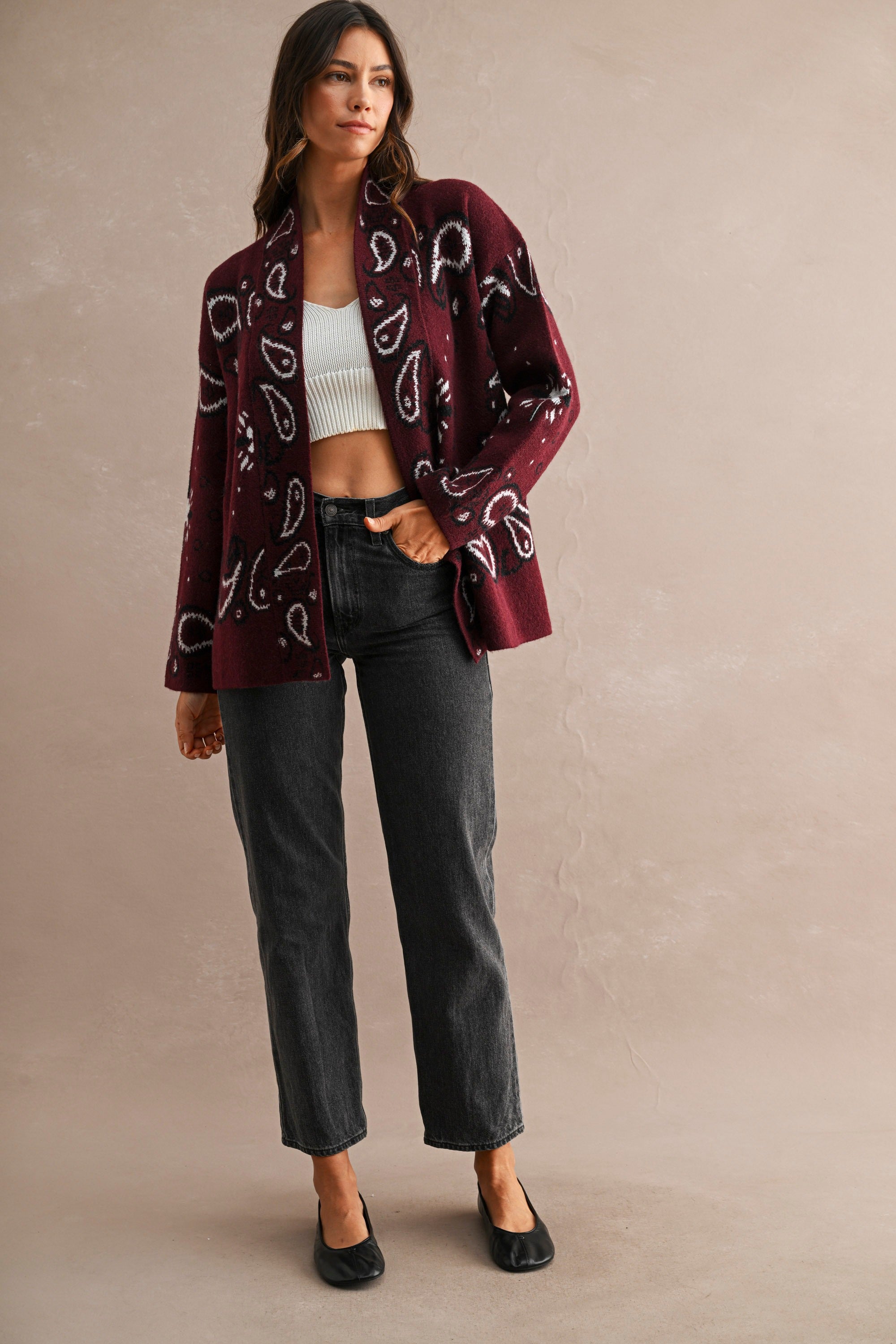 Paisely Pattern Over Sized Cardigan — Burgundy