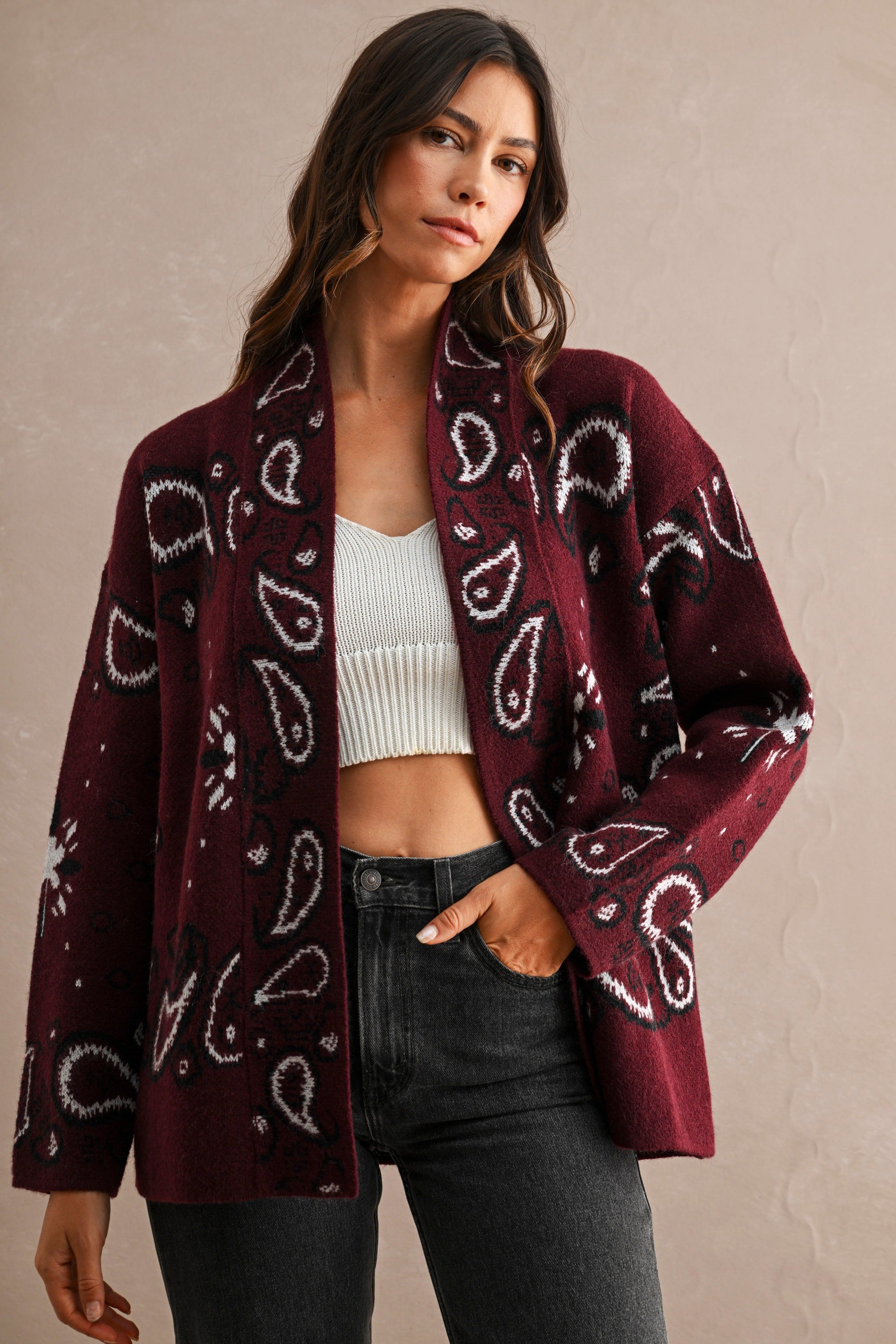 Paisely Pattern Over Sized Cardigan — Burgundy
