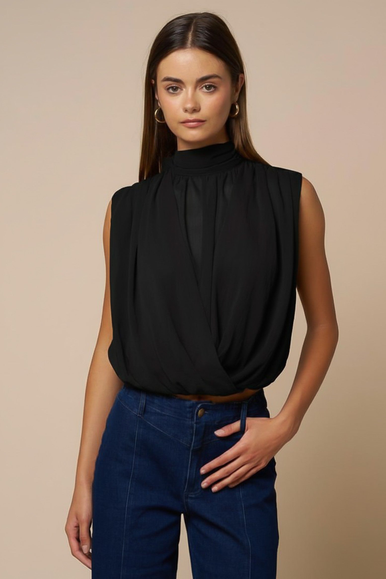 Sleeveless Draped Top W/ Back Neck Tie — Black