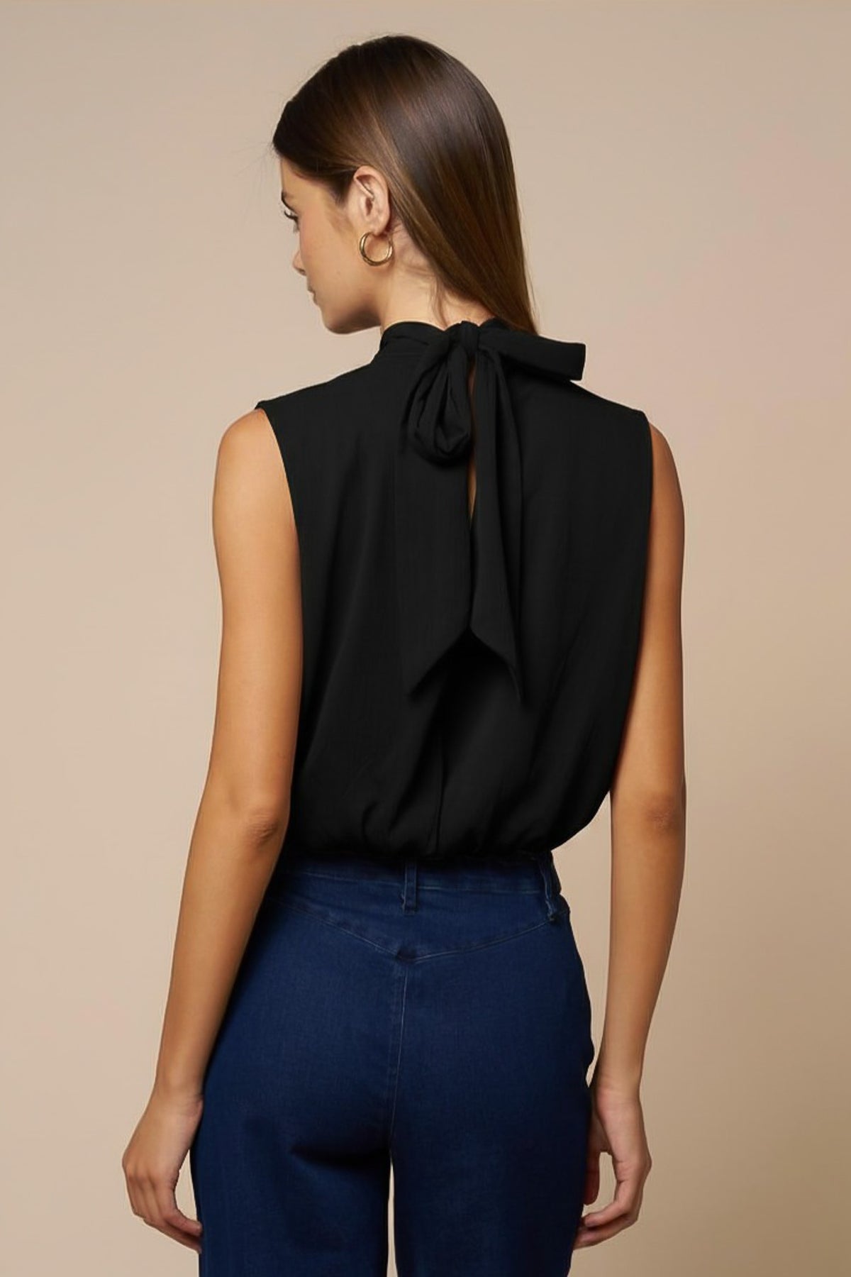 Sleeveless Draped Top W/ Back Neck Tie — Black
