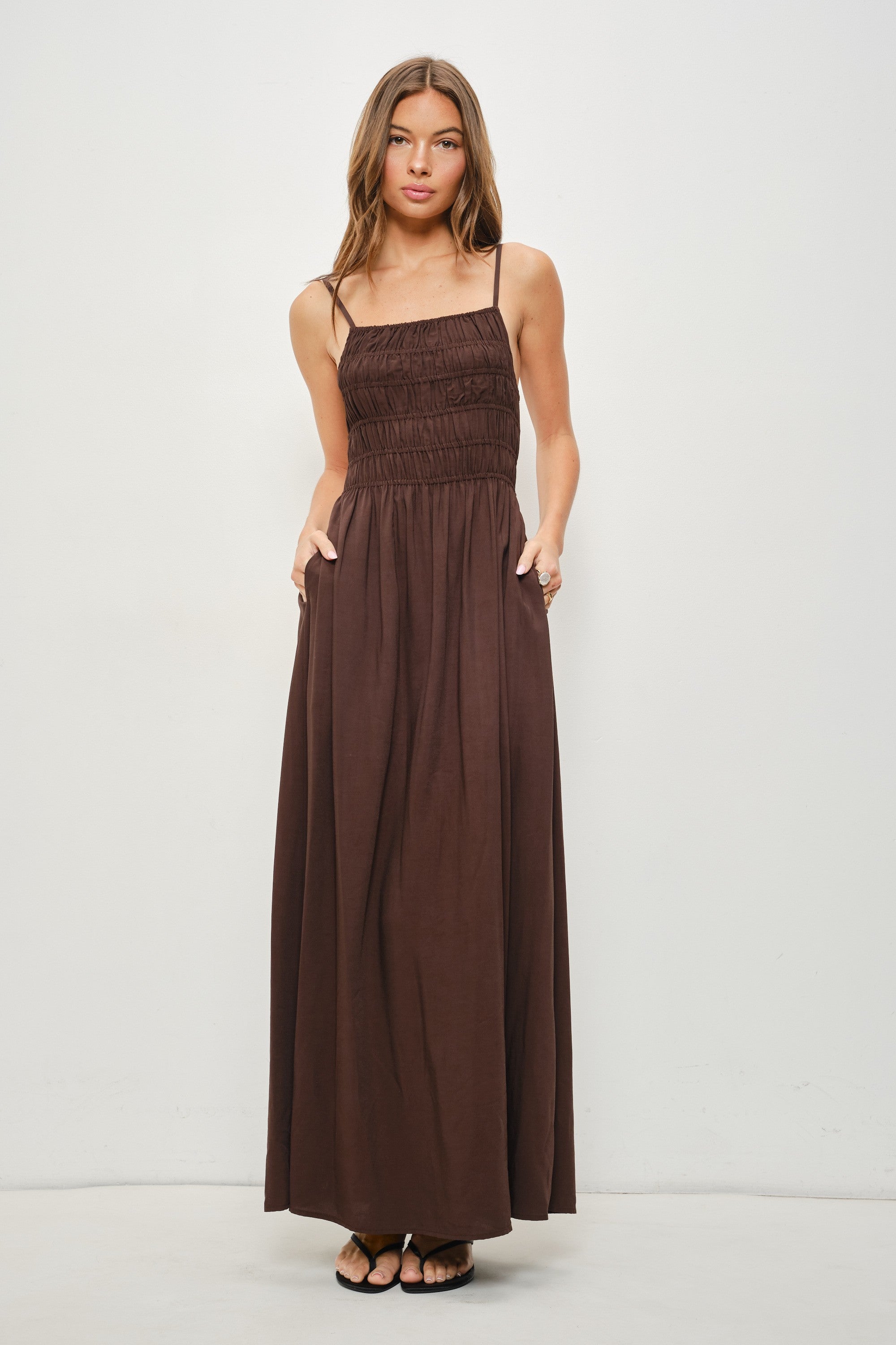 Adley Smocked Maxi Dress — Chocolate