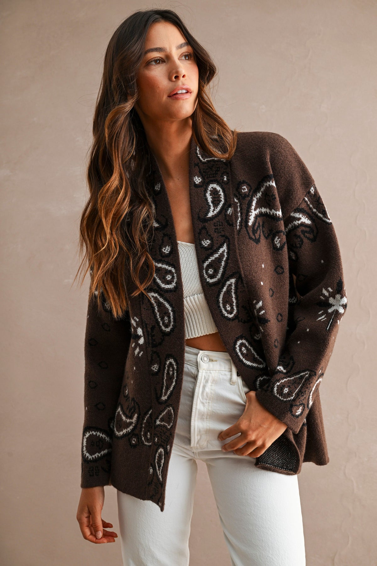 Paisley Pattern Oversized Cardigan — Chocolate Brown