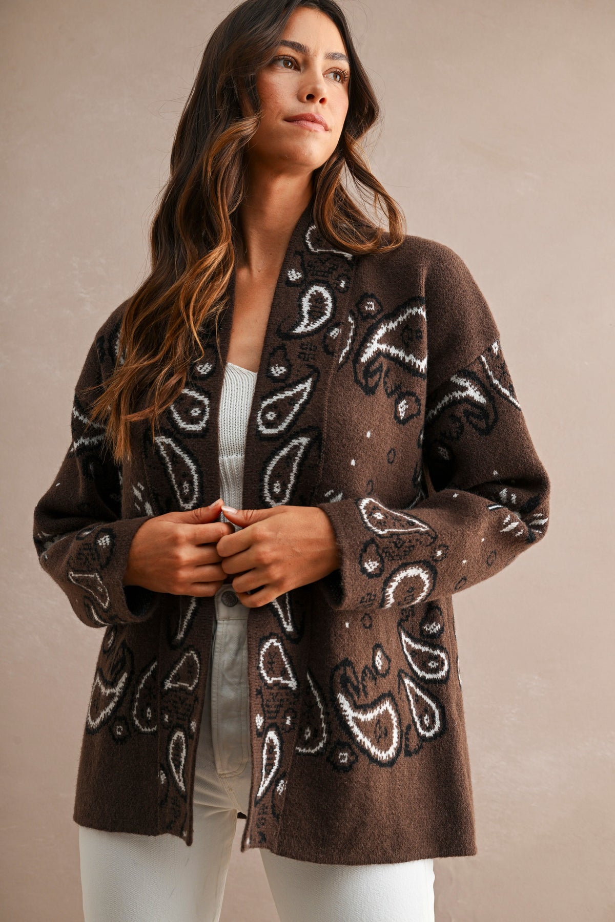Paisley Pattern Oversized Cardigan — Chocolate Brown