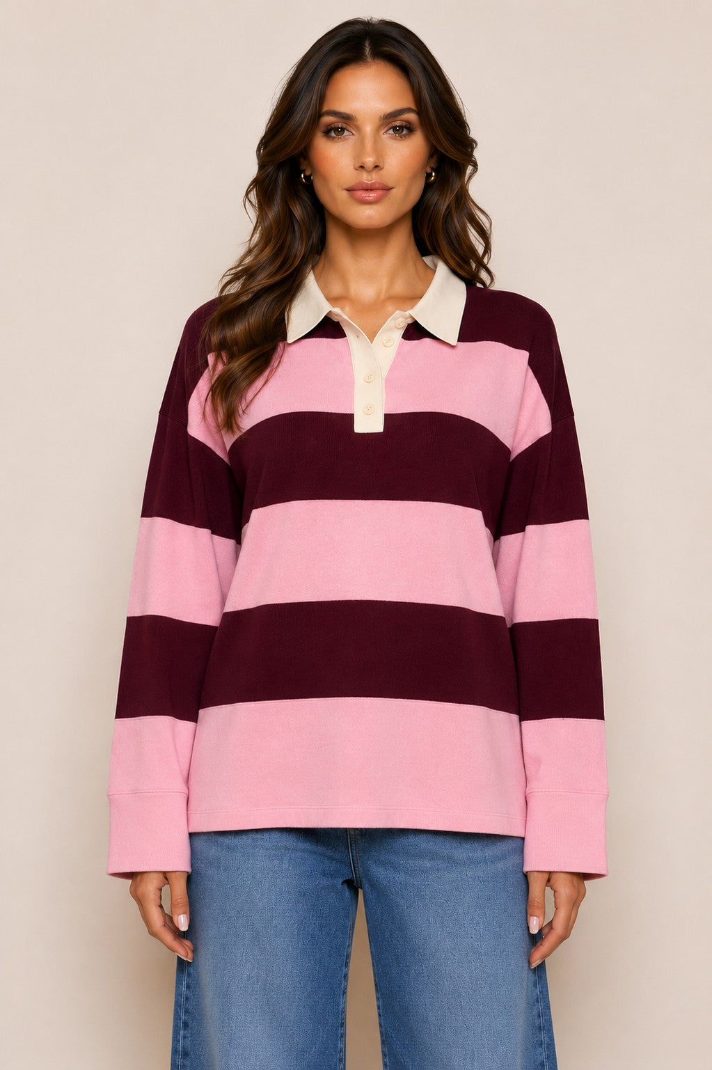 Long Sleeve Stripe Polo Sweater — Pink/Burgundy