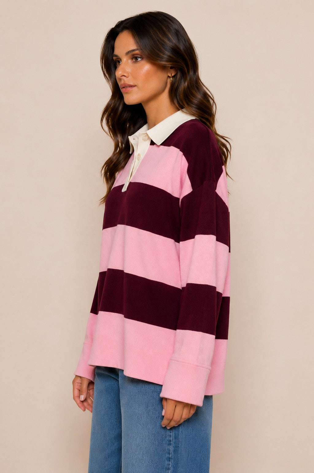 Long Sleeve Stripe Polo Sweater — Pink/Burgundy