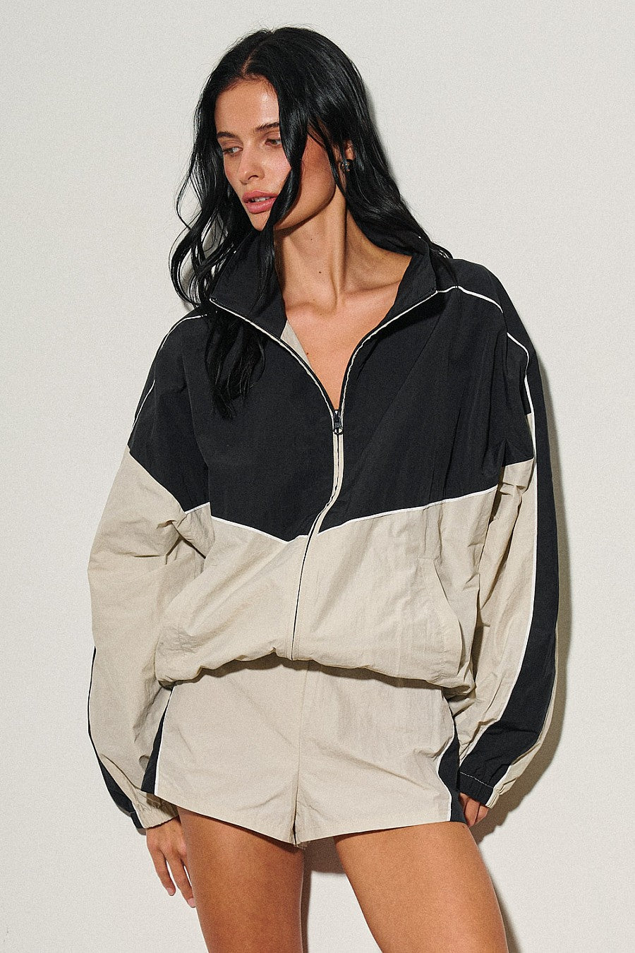 Woven Color Block Full-Zip Windbreaker Jacket — Navy/Mist